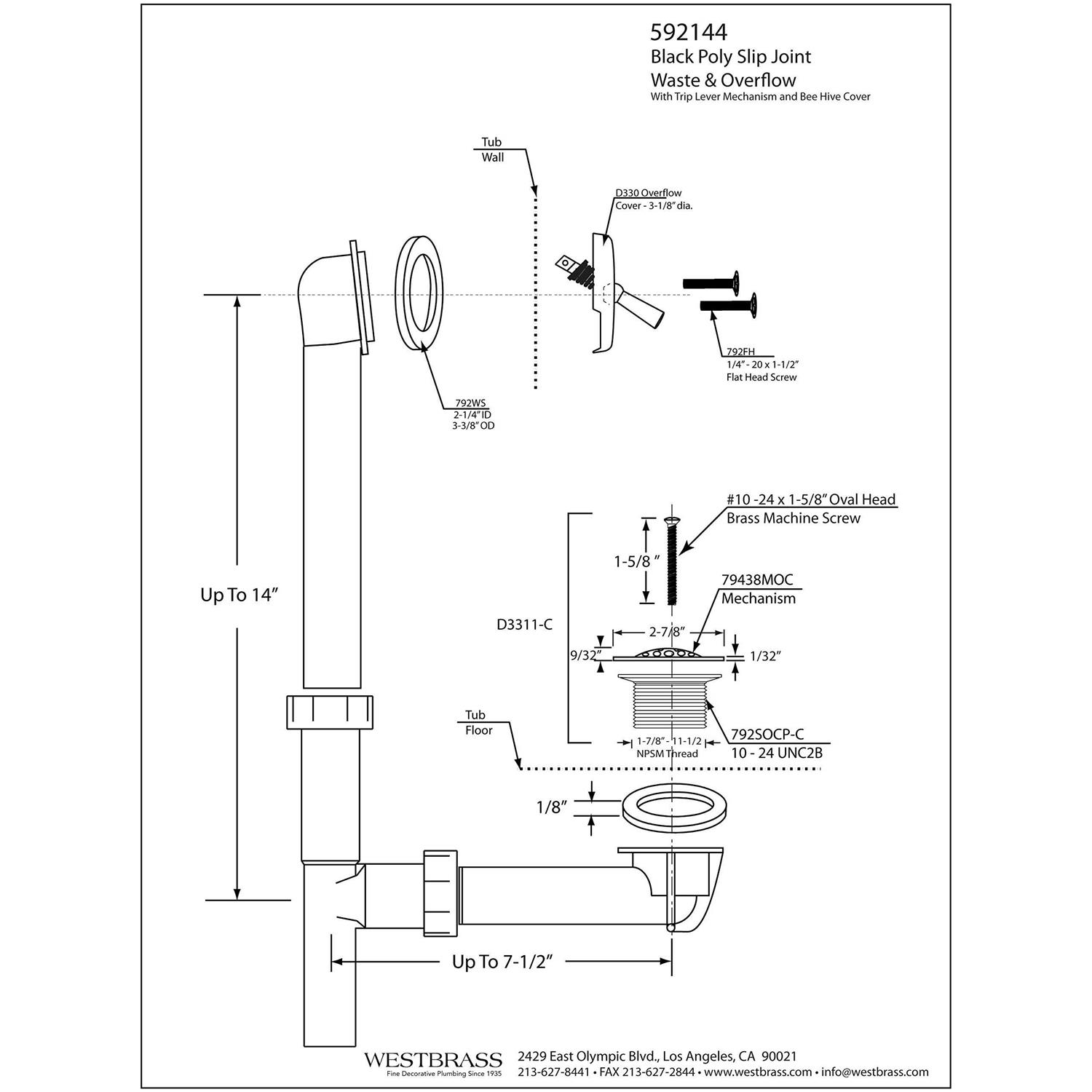 Westbrass Black 1-1/2 Tubular Trip Lever Bath Waste 592144 - Cheap Fitting