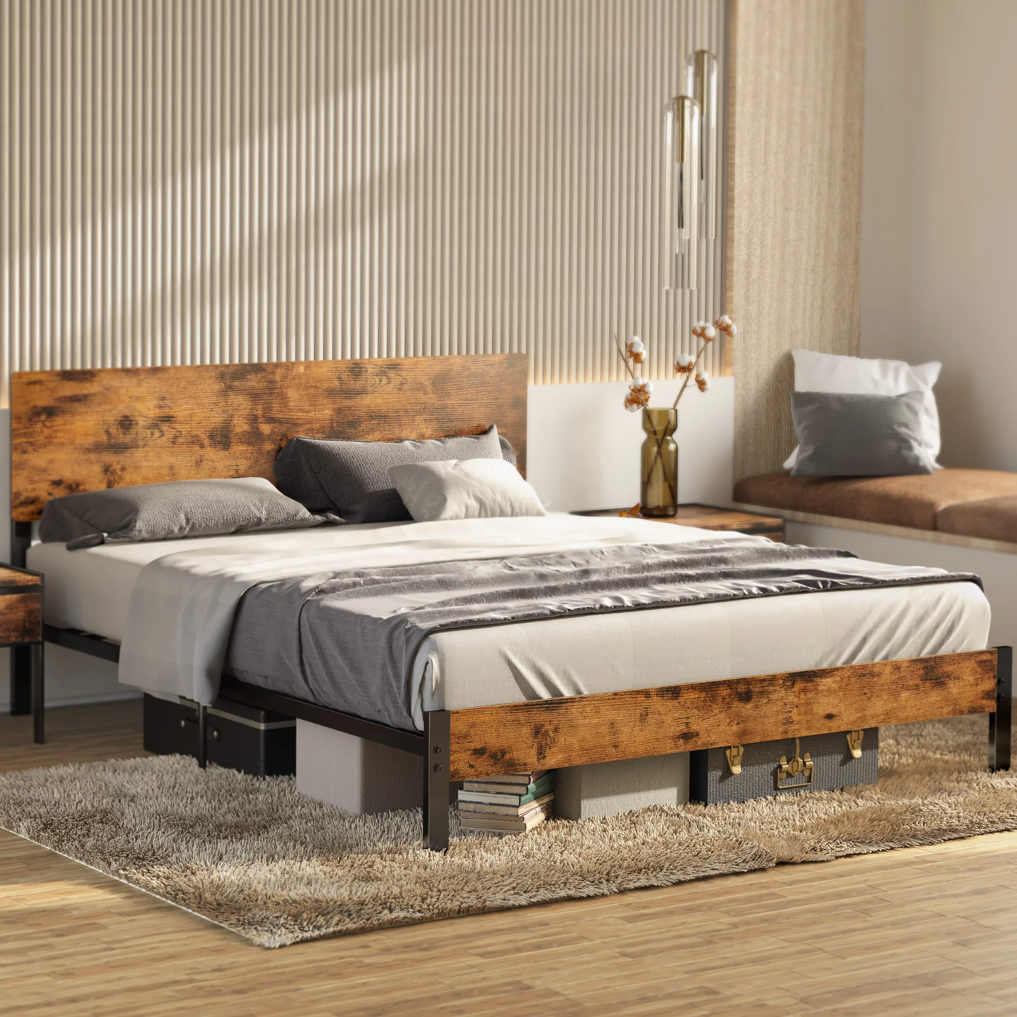 LIKIMIO Queen Platform Bed Frame with Headboard, Easy Assembly, Vintage Brown - Cheap Fitting