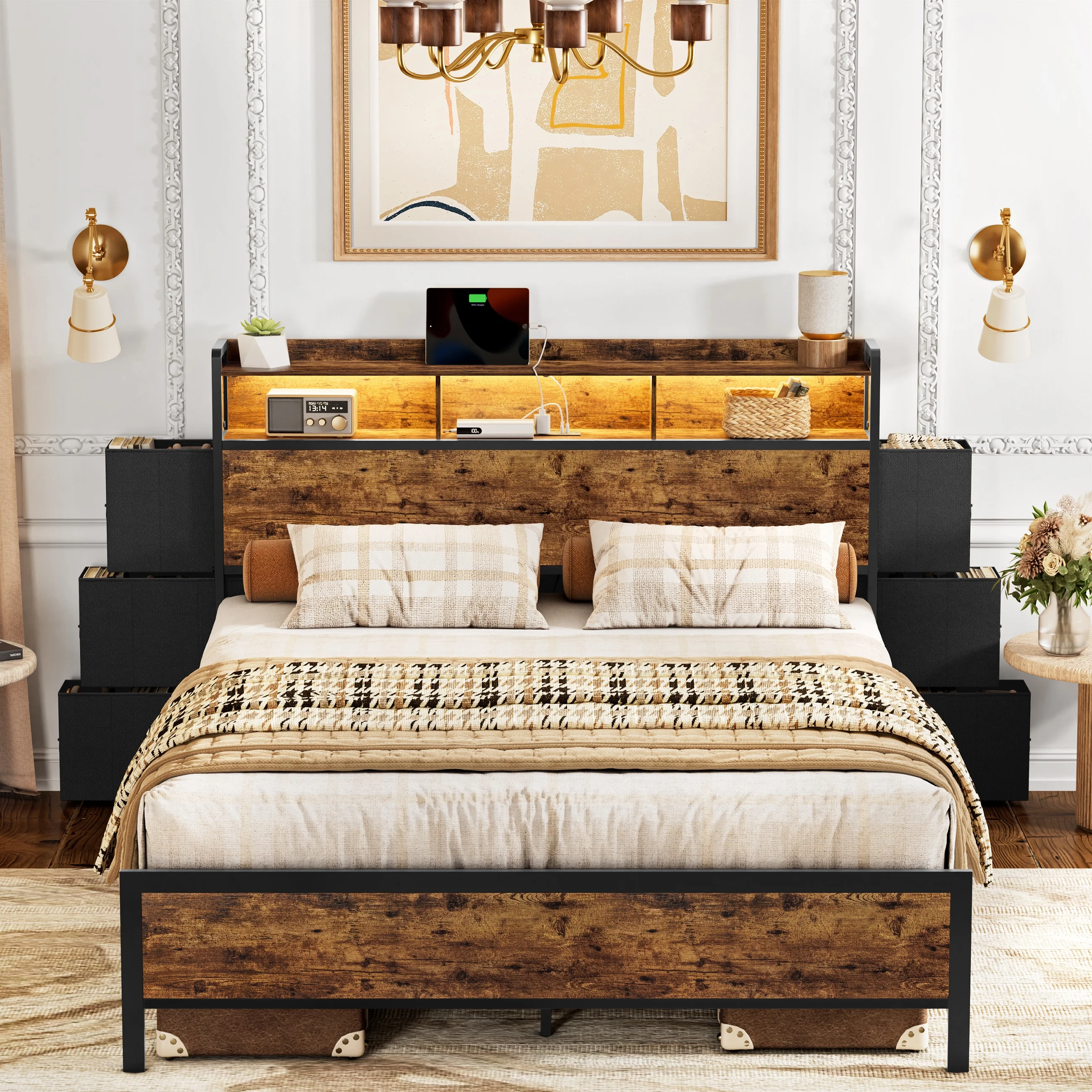GUNAITO Queen Bed Frame with 6 Drawers Storage Headboard Platform Bed LED Bed Frame with USB Ports & Outlets Rustic Brown - Cheap Fitting