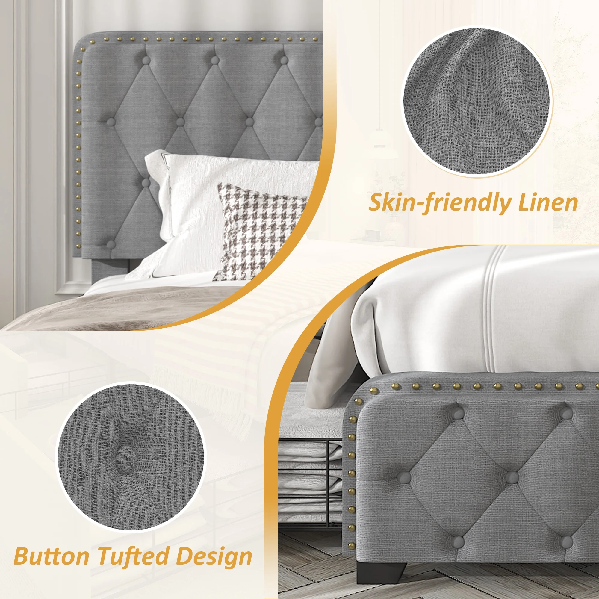 Lifezone Queen Size Platform Bed Frame with 4 Storage Drawers and Upholestered Headboard, Light Grey - Cheap Fitting