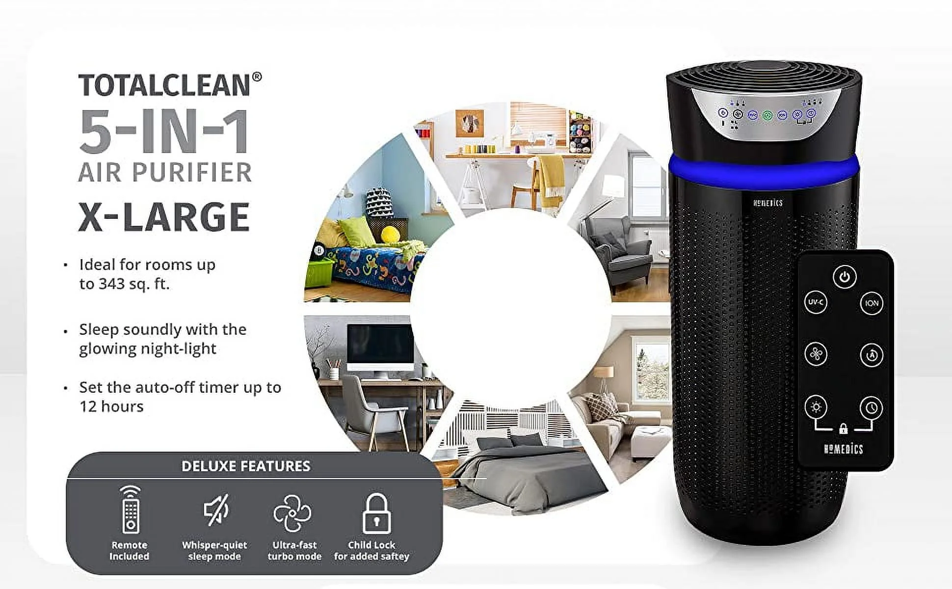 HoMedics  TotalClean Deluxe Tower Air Purifier , HEPA Air Purifier, UV-C 5-in-1 Extra-Large Room Air Purifier for Viruses, Bacteria, Allergens, Dust, Germs, (White)T45 - Cheap Fitting