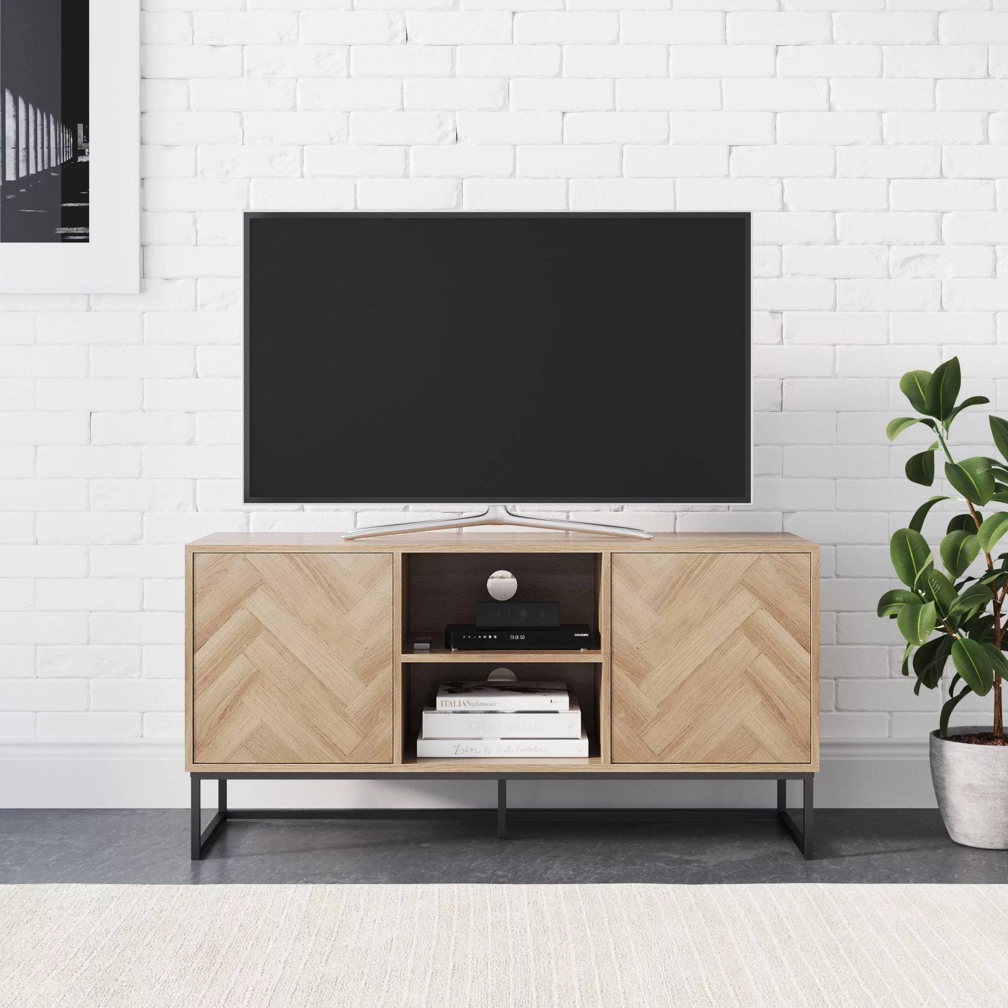 Nathan James Dylan Media Console Cabinet TV Stand with Hidden Storage Herringbone Pattern Wood Metal, Gray/Black - Cheap Fitting