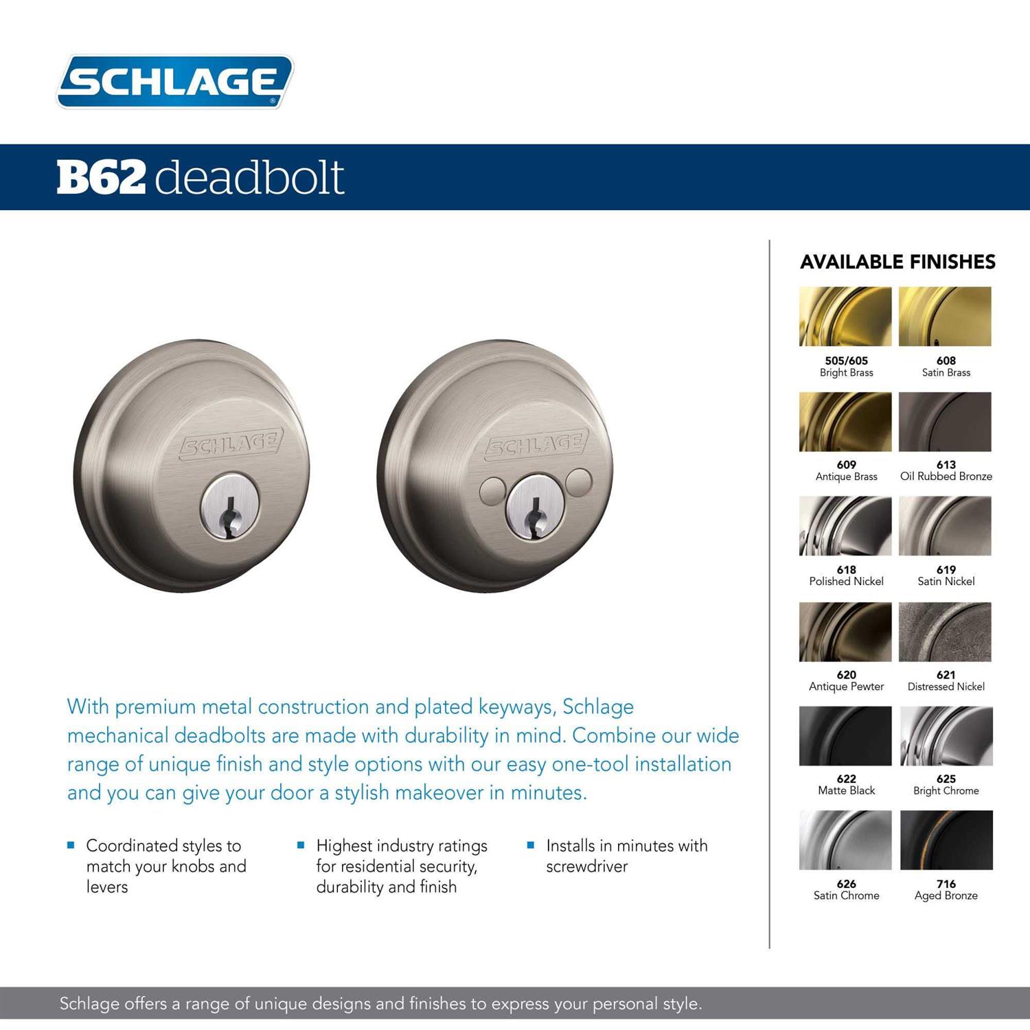 Schlage B62N 622 Deadbolt,Matte,Double Cylinder - Cheap Fitting