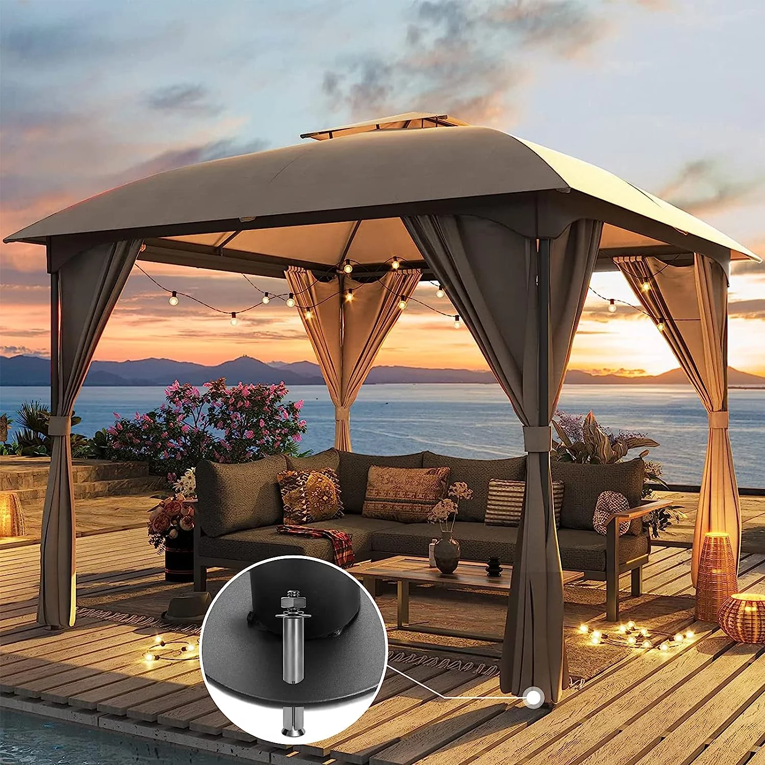 LAUSAINT HOME 10'x10' Outdoor Gazebo, Unique Arc Roof Design and Privacy Curtains Included, Khaki - Cheap Fitting