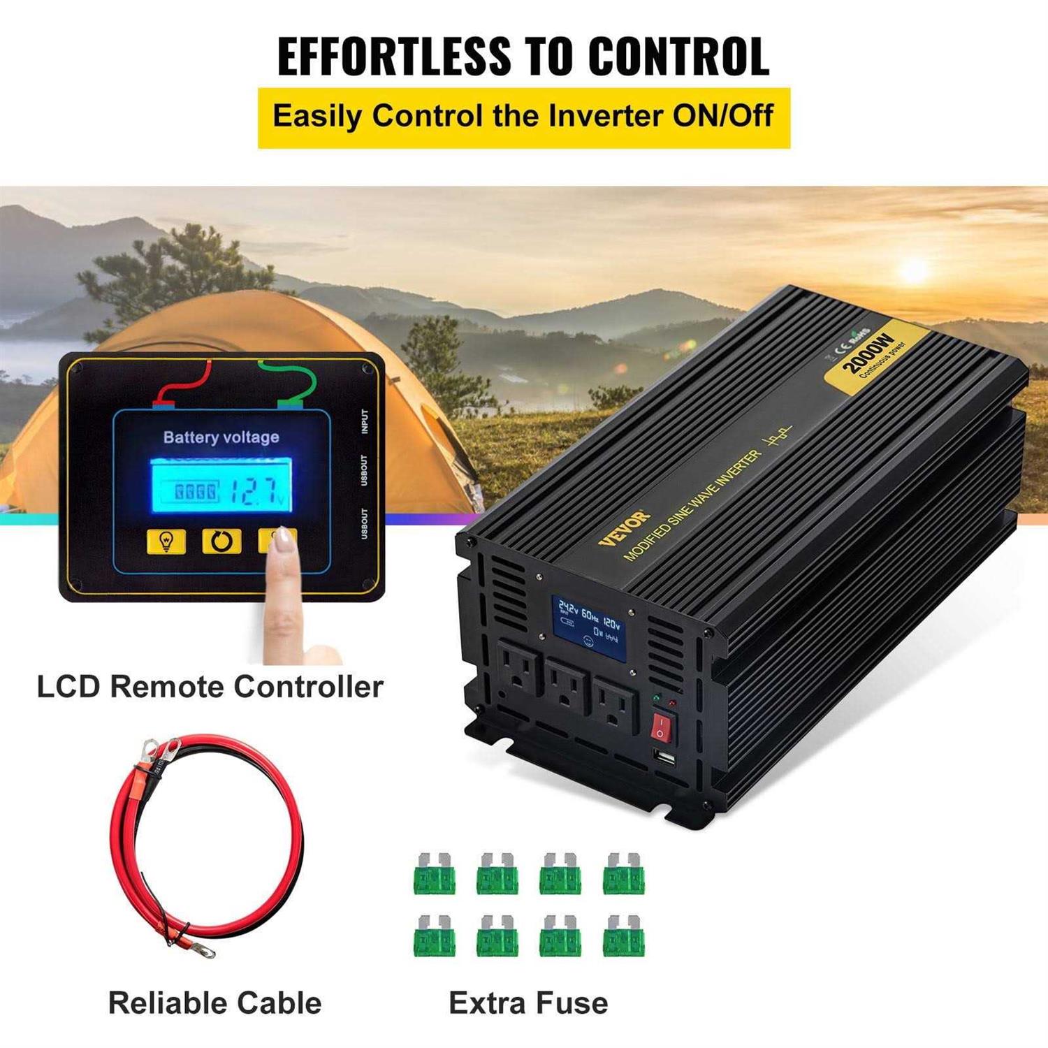 VEVOR Car Power Converter 2000-Watt Modified Sine Wave Inverter DC AC 120-Volt with LCD Display Remote Controller - Cheap Fitting