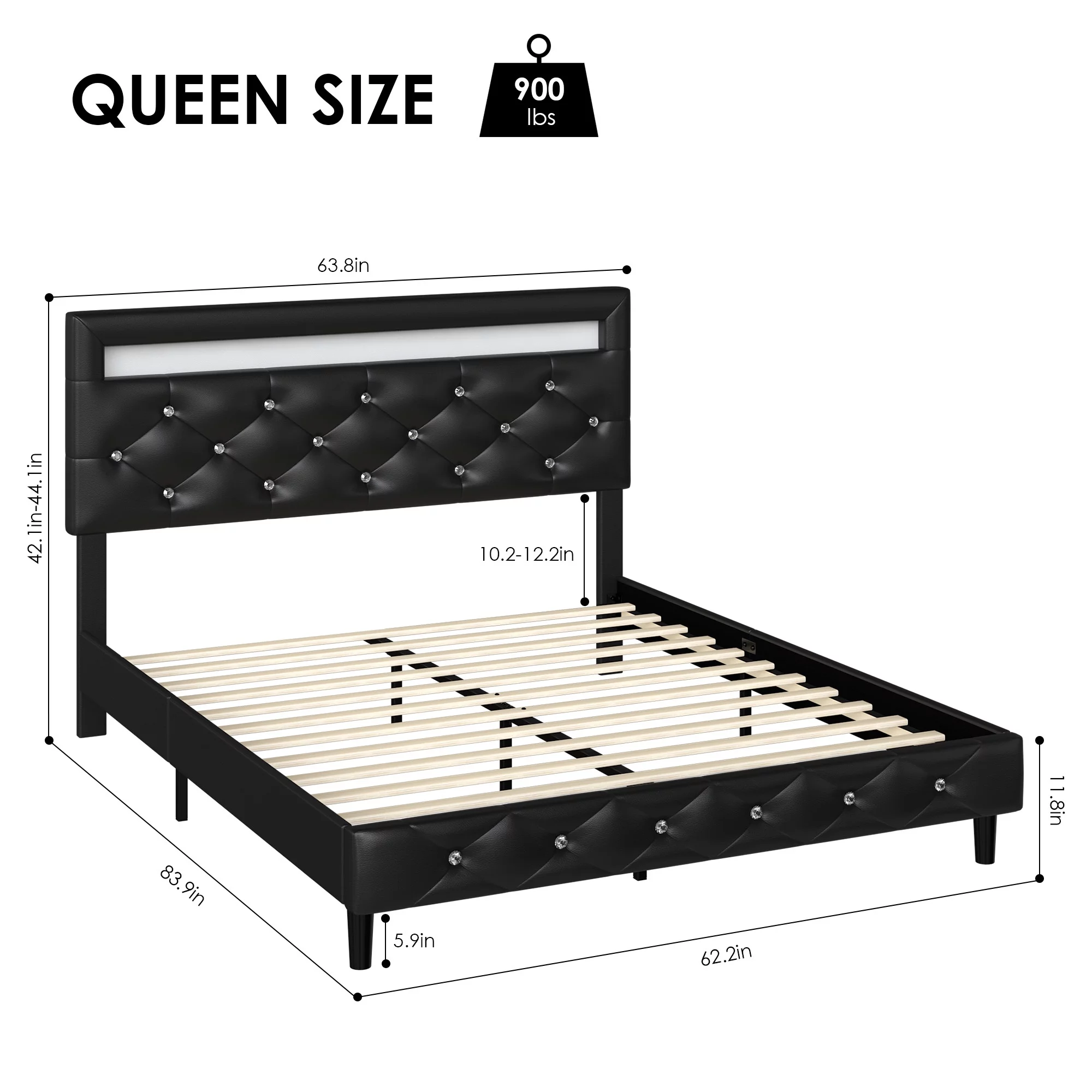 Homfa Queen Size LED Bed, PU Crystal Buckle Upholstered Platform Bed Frame with Adjustable Headboard, Black - Cheap Fitting
