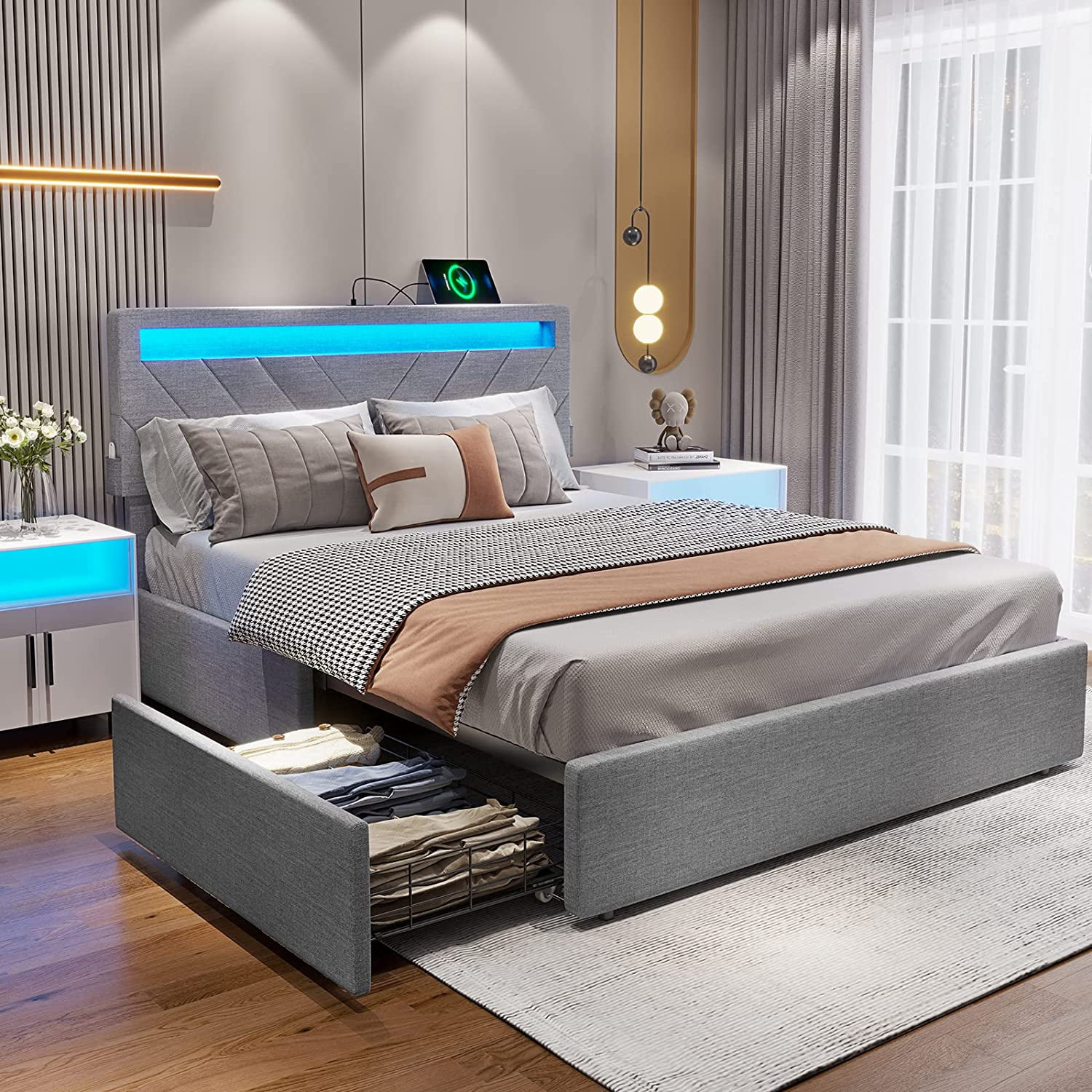 ADORNEVE Queen Size LED Bed Frame with Drawers, Upholstered Platform Bed with 2 USB Charging Station, No Box Spring Needed, Light Grey - Cheap Fitting