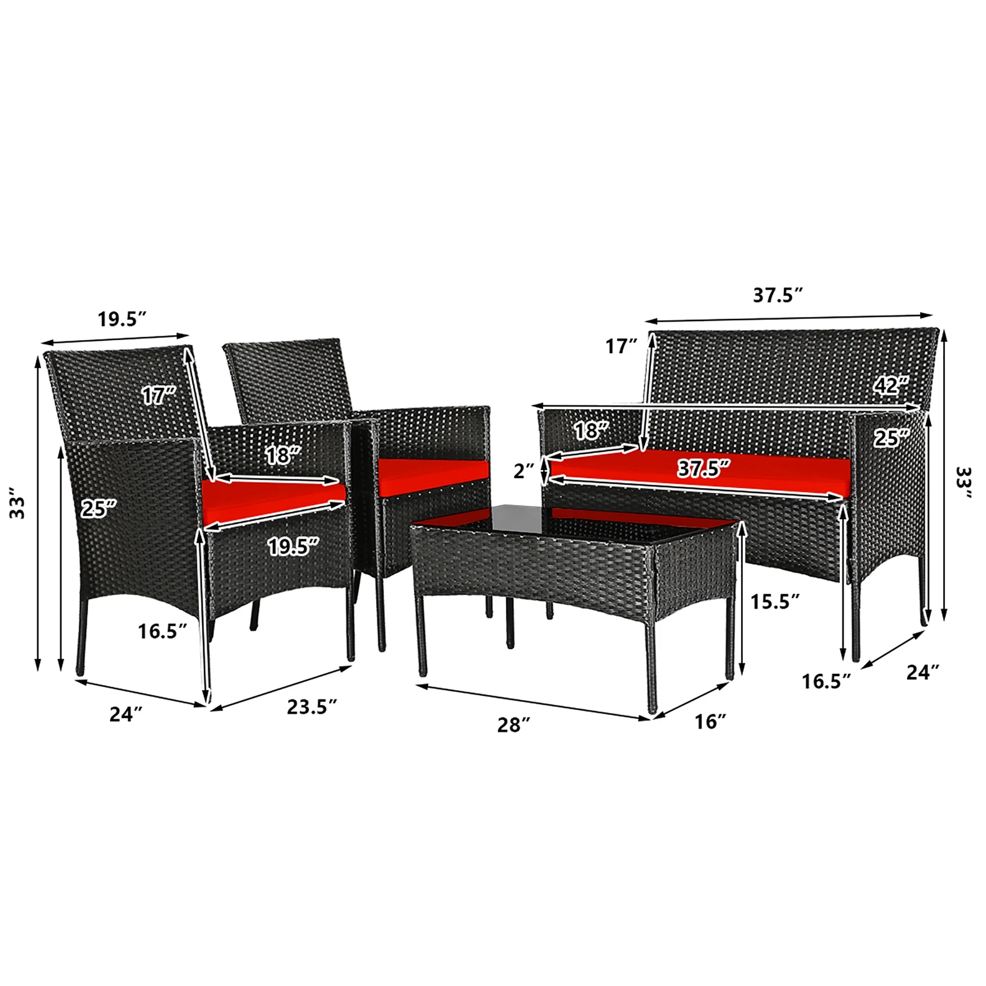 Gymax 4PCS Outdoor Furniture Set Patio Rattan Conversation Set w/ Turquoise Cushion - Cheap Fitting