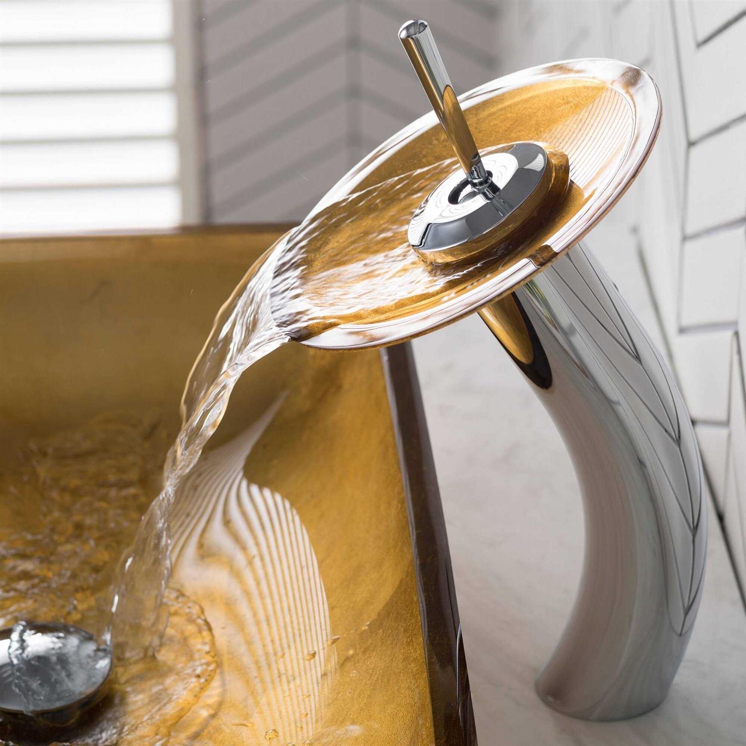 Kraus Rectangular Glass Vessel Sink with Waterfall Faucet C-GVR-210-RE-10 - Cheap Fitting