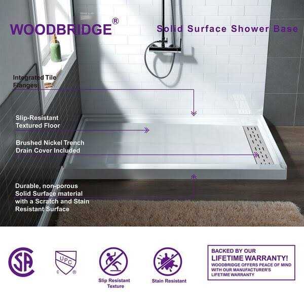 WOODBRIDGE Krasik 48 in. L x 36 in. W Alcove Solid Surface Shower Pan Base with Right Drain in White with Brushed Nickel Cover - Cheap Fitting