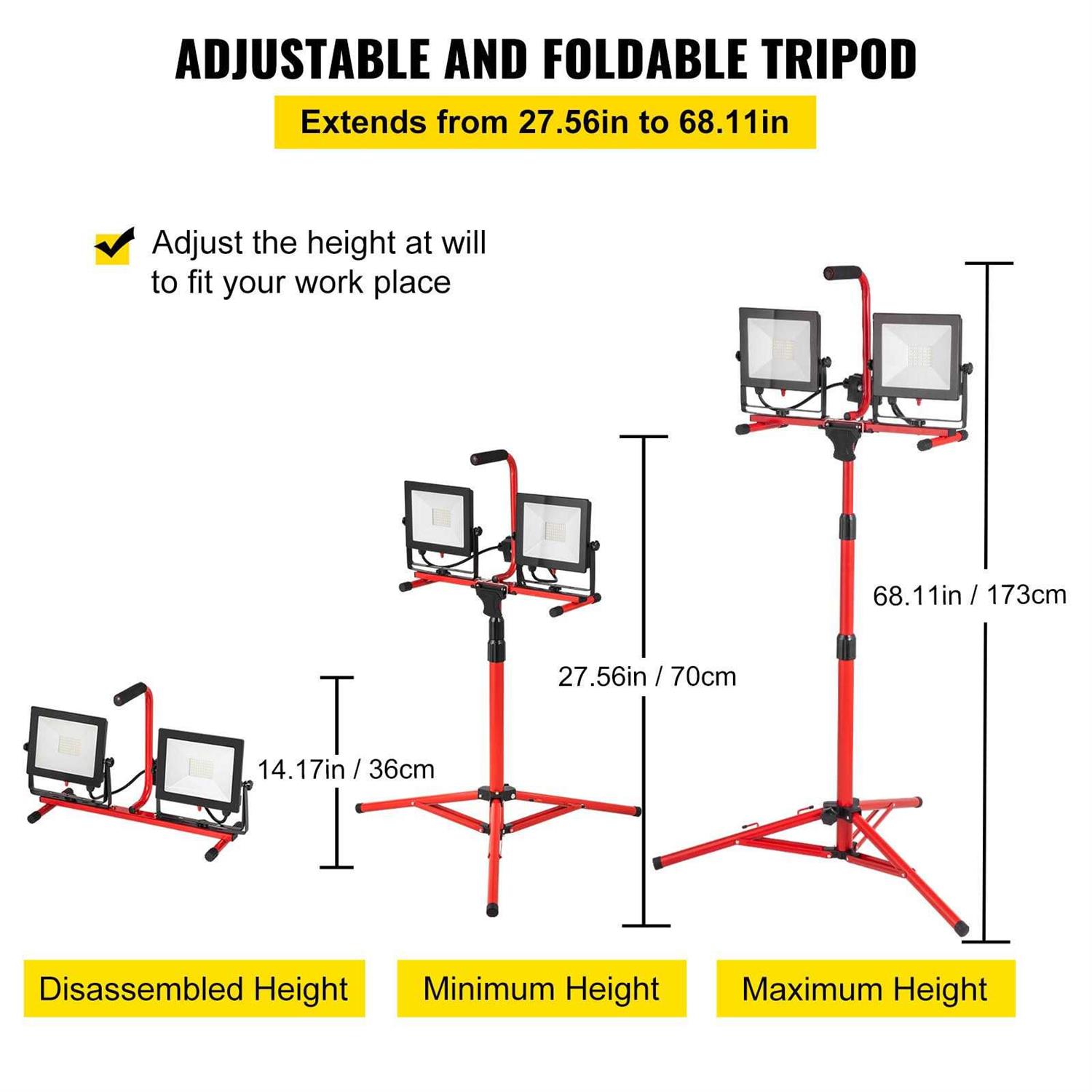 VEVOR LED Work Light with Stand Dual-head LED Work Light with 27.6-68.1 Adjustable and Foldable Tripod Stand - Cheap Fitting