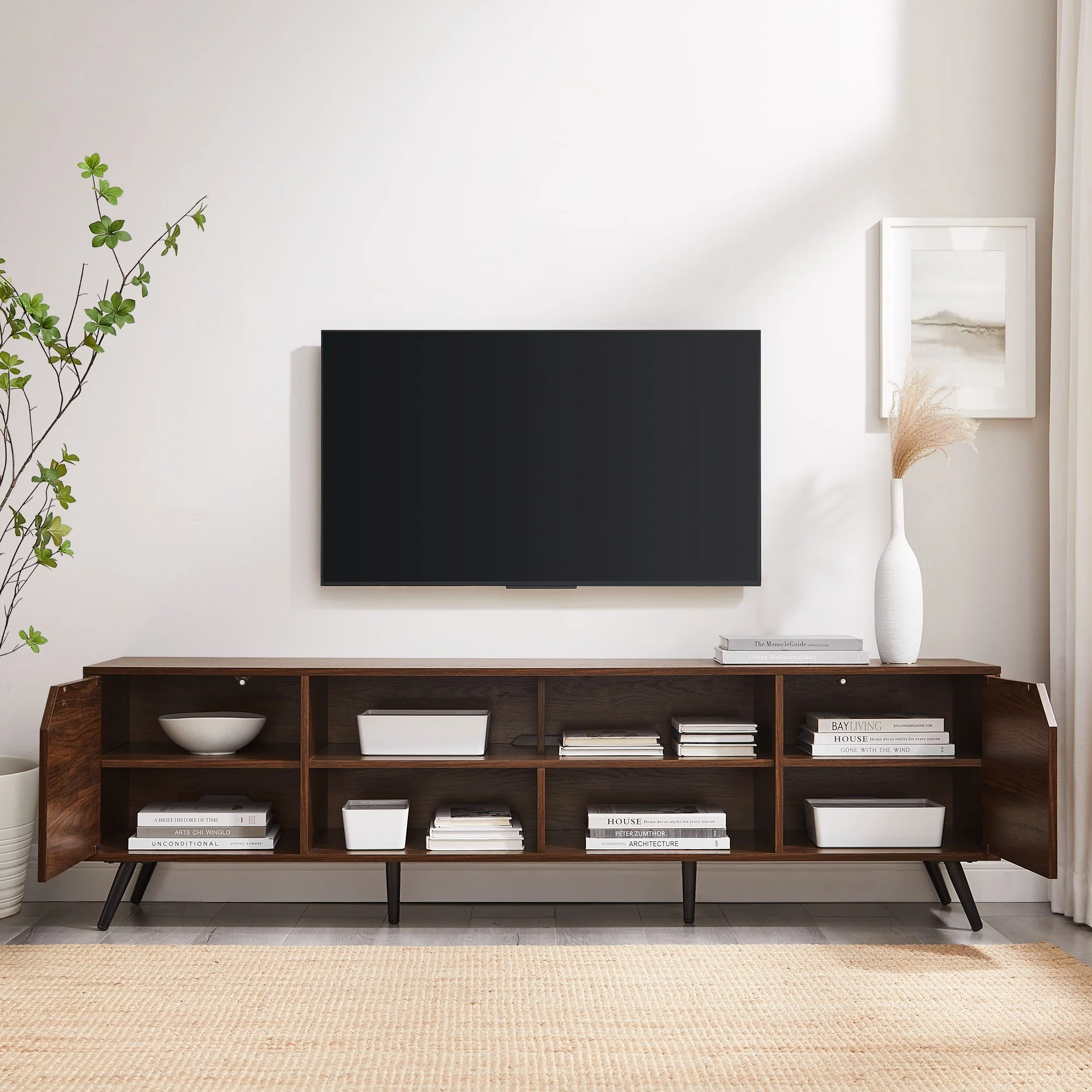 Manor Park Mid-Century Modern Angle-Door TV Stand for TVs up to 80”, Dark Walnut - Cheap Fitting