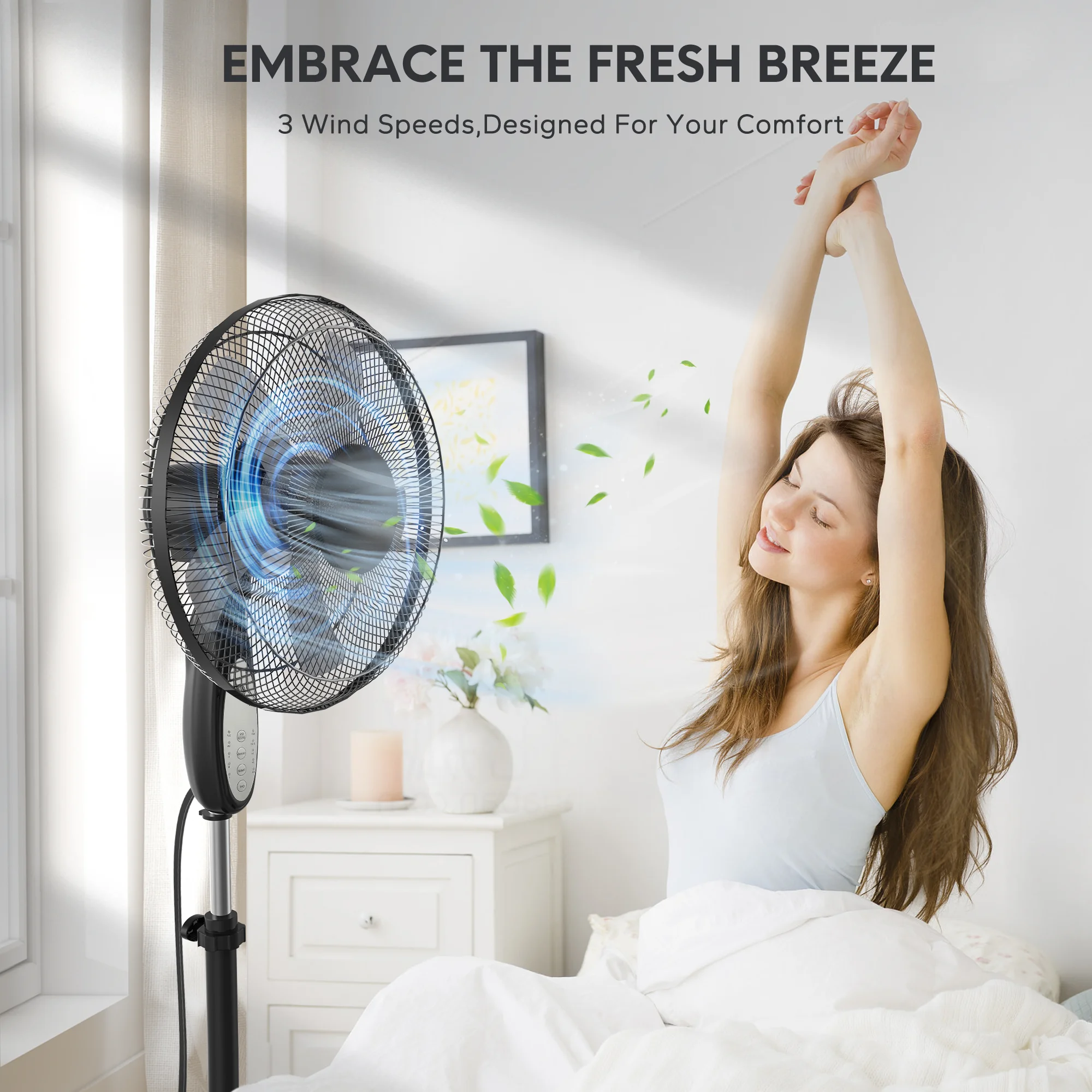 Riousery Oscillating Adjustable Pedestal Fan with 3-Speeds, w/Remote Control, Black, 18