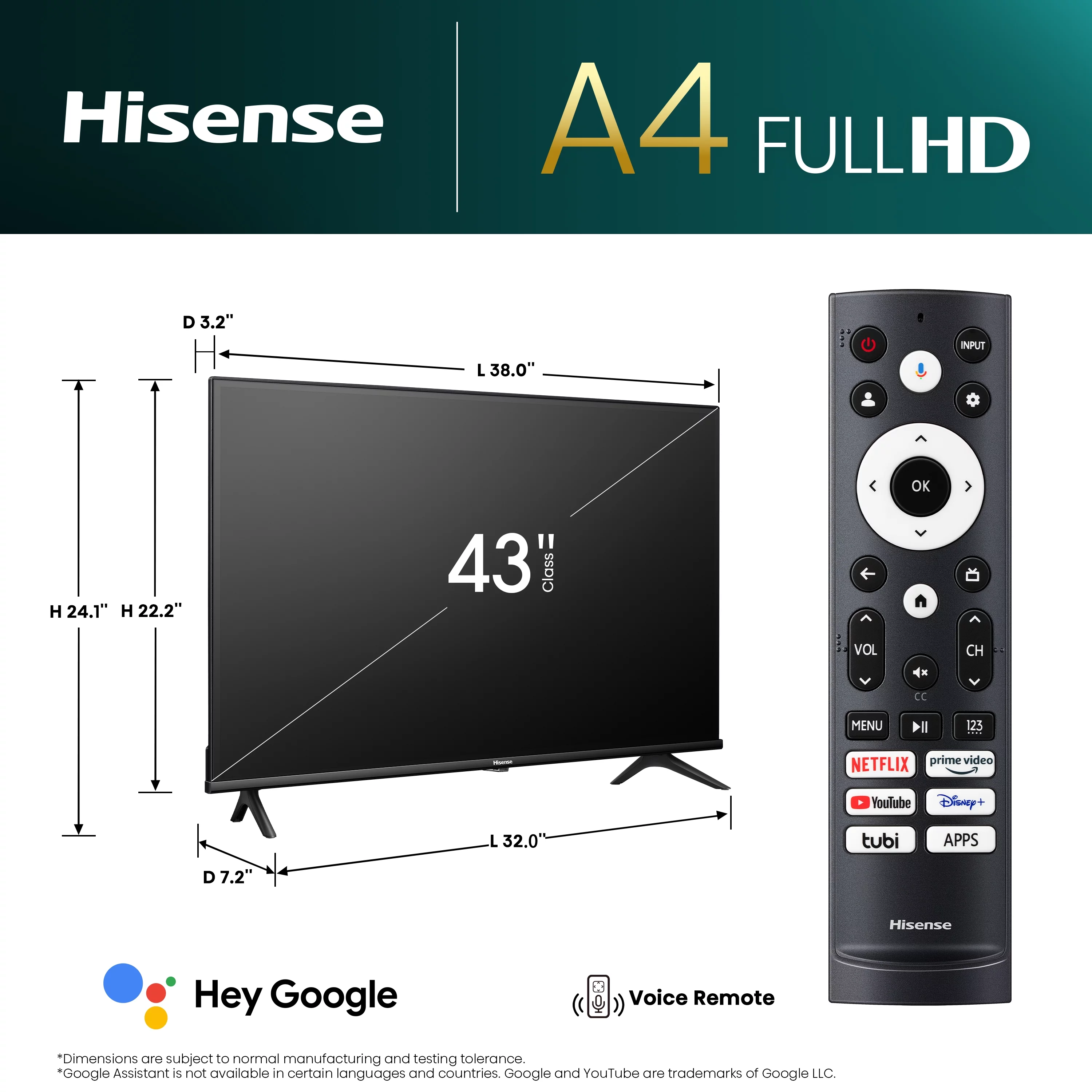 Hisense 43-Inch Class A4 Series FHD 1080p Google Smart TV - DTS Virtual: X, Game & Sports Modes, Chromecast Built-in (43A4K) - Cheap Fitting