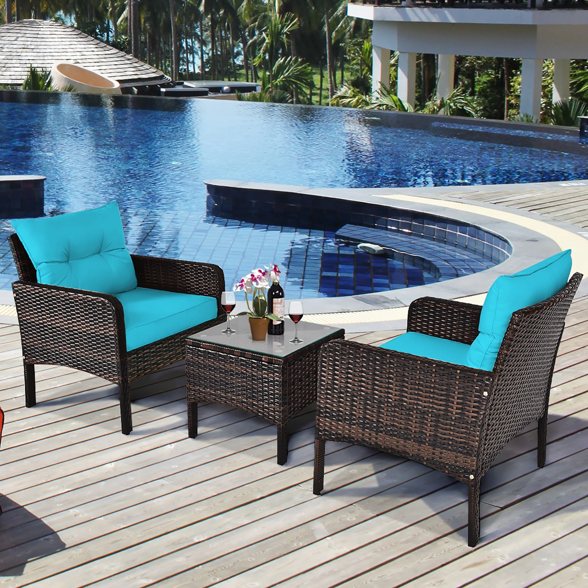 Costway 3PCS Outdoor Rattan Conversation Set Patio Garden Cushioned Sofa Chair Turquoise - Cheap Fitting