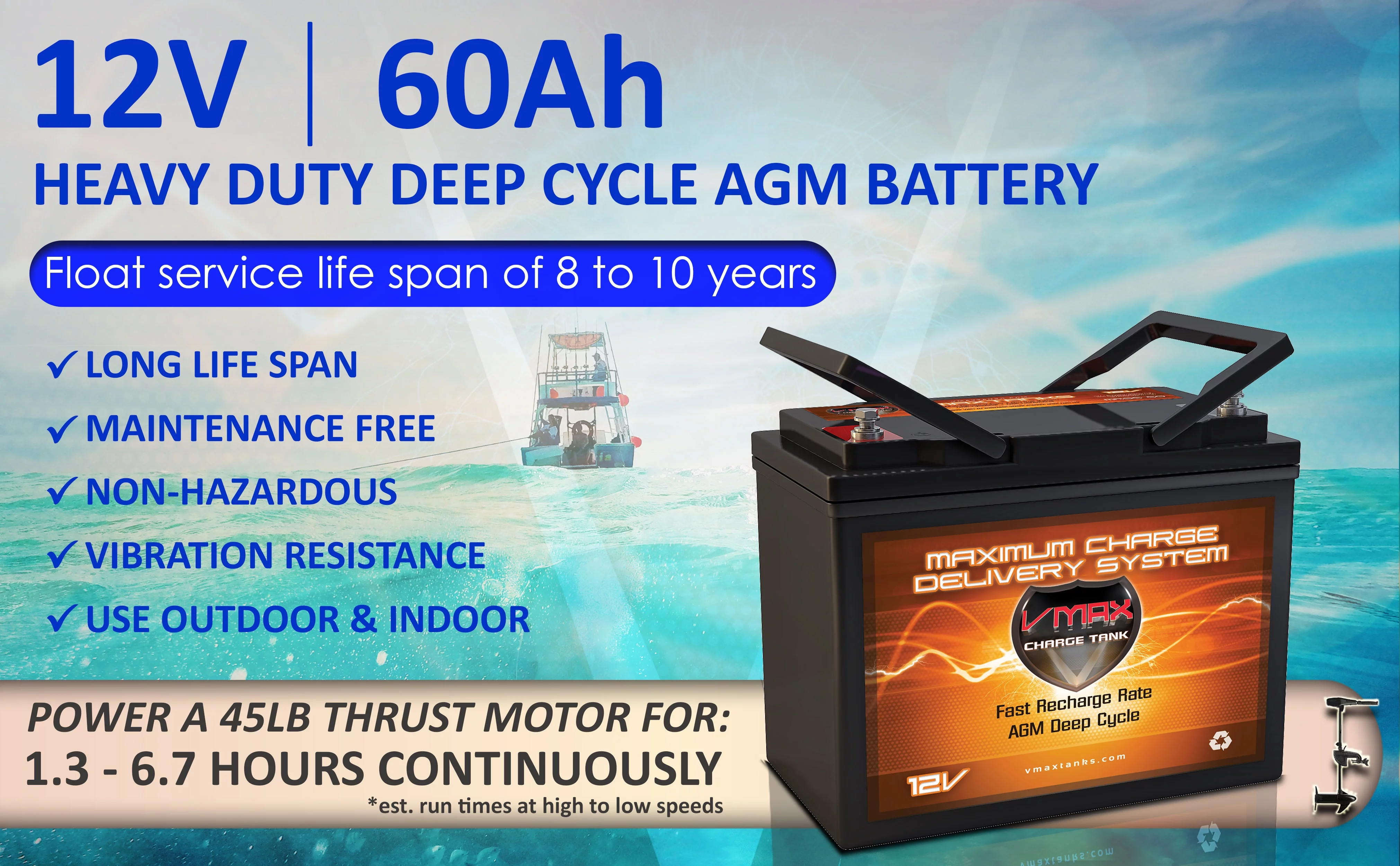 VMAX MR96-60 12V 60Ah AGM Deep Cycle Battery for Minn Kota Traxxis 55 Freshwater TM 12V 55lb Trolling Motor - Cheap Fitting