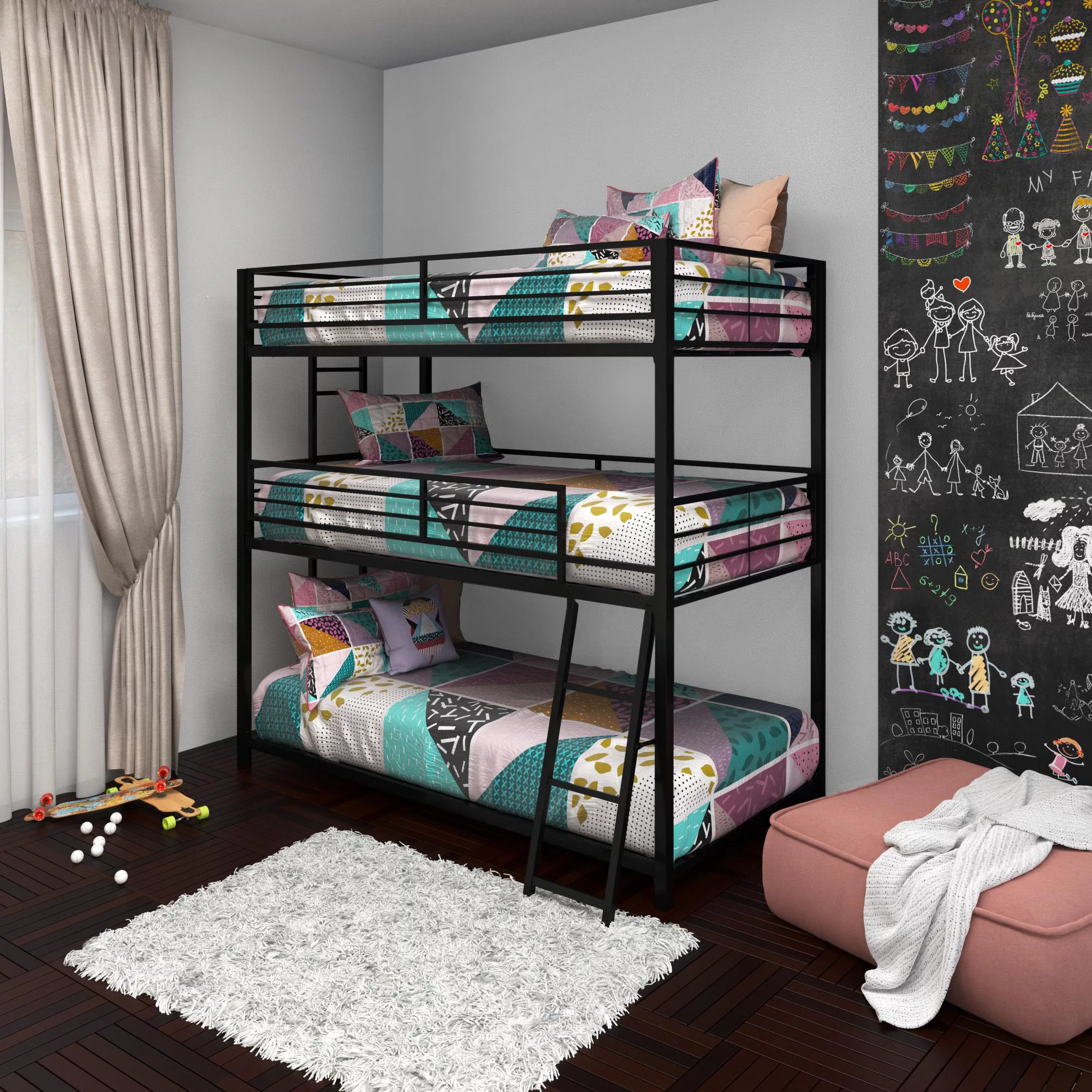 Your Zone June Triple Twin Metal Bunk Bed, Black - Cheap Fitting