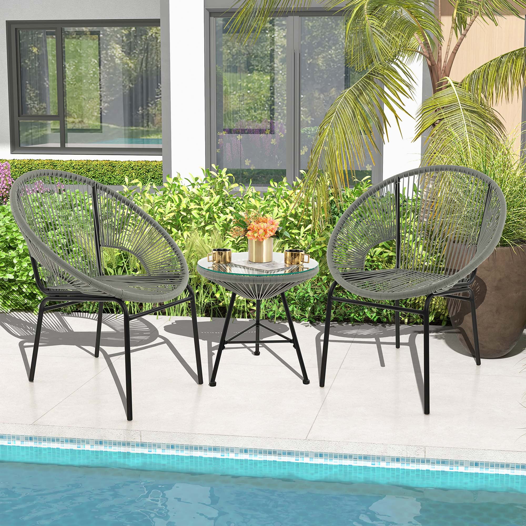 Costway 3PCS Patio Acapulco Furniture Bistro Set Plastic Rope Glass Table Black - Cheap Fitting