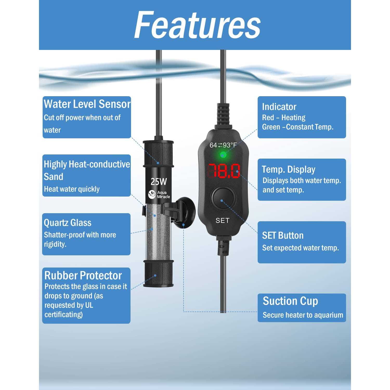 AquaMiracle Adjustable Aquarium Heater Submersible Fish Tank Heater Super Short Aquarium Heater with LED Digital Display Thermostat - Cheap Fitting