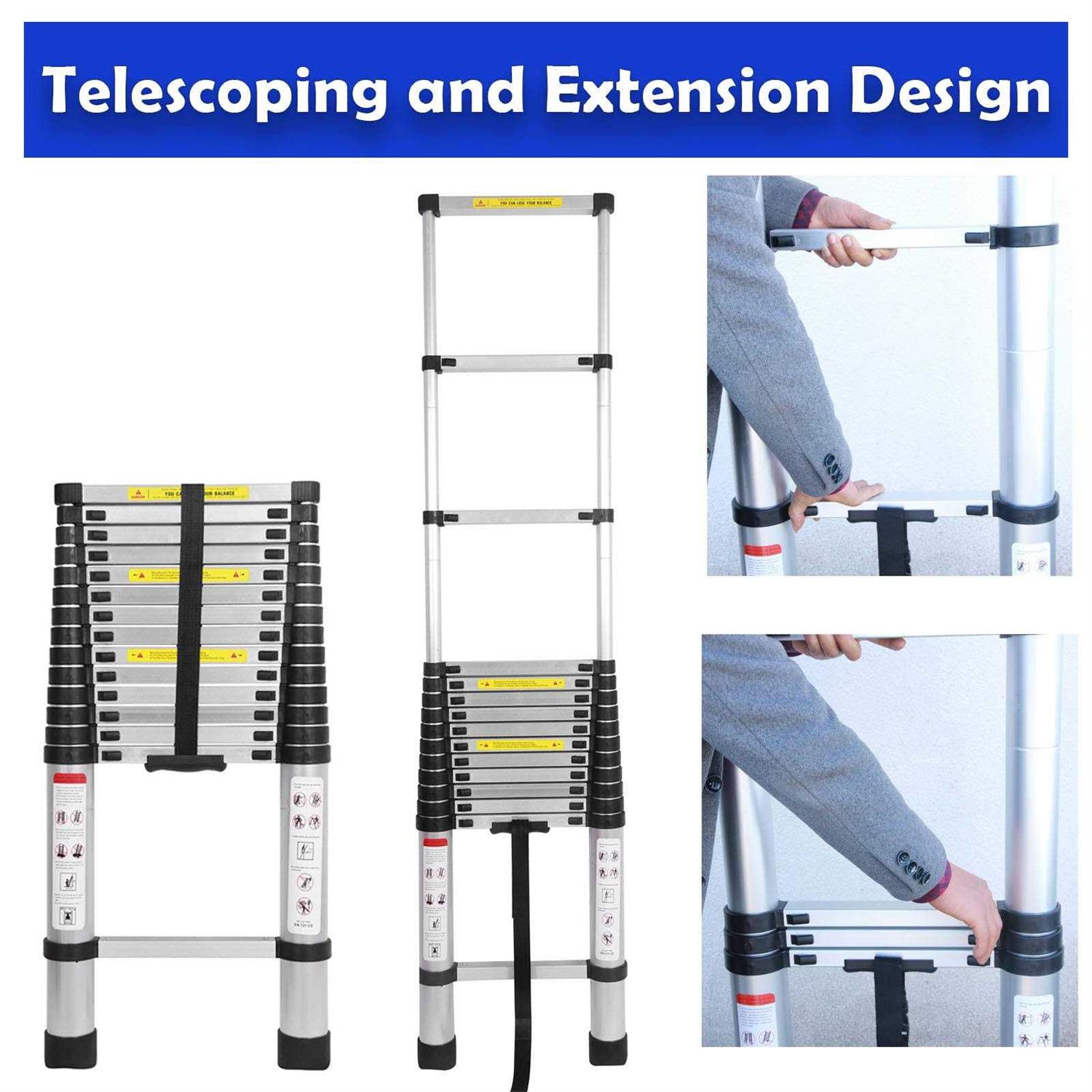 Bowoshen Telescoping Ladder 20ft 6.2M Aluminum DIY Extension Folding Loft Ladder with 2 Detachable Hooks Anti-Slip Rubber Feet Portable Heavy Duty - Cheap Fitting