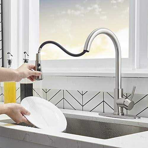 IKEBANA Kitchen Faucet with Pull Down Sprayer,Brushed Nickel Kitchen Faucet,High Arc Single Handle Single Hole Stainless Steel Pull Out Kitchen Sink - Cheap Fitting