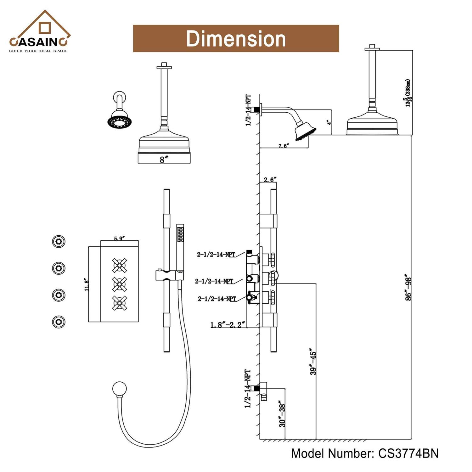 CASAINC Shower System Brushed Nickel Dual Head Waterfall Built-In Shower Faucet System with 4-way Diverter Valve Included - Cheap Fitting