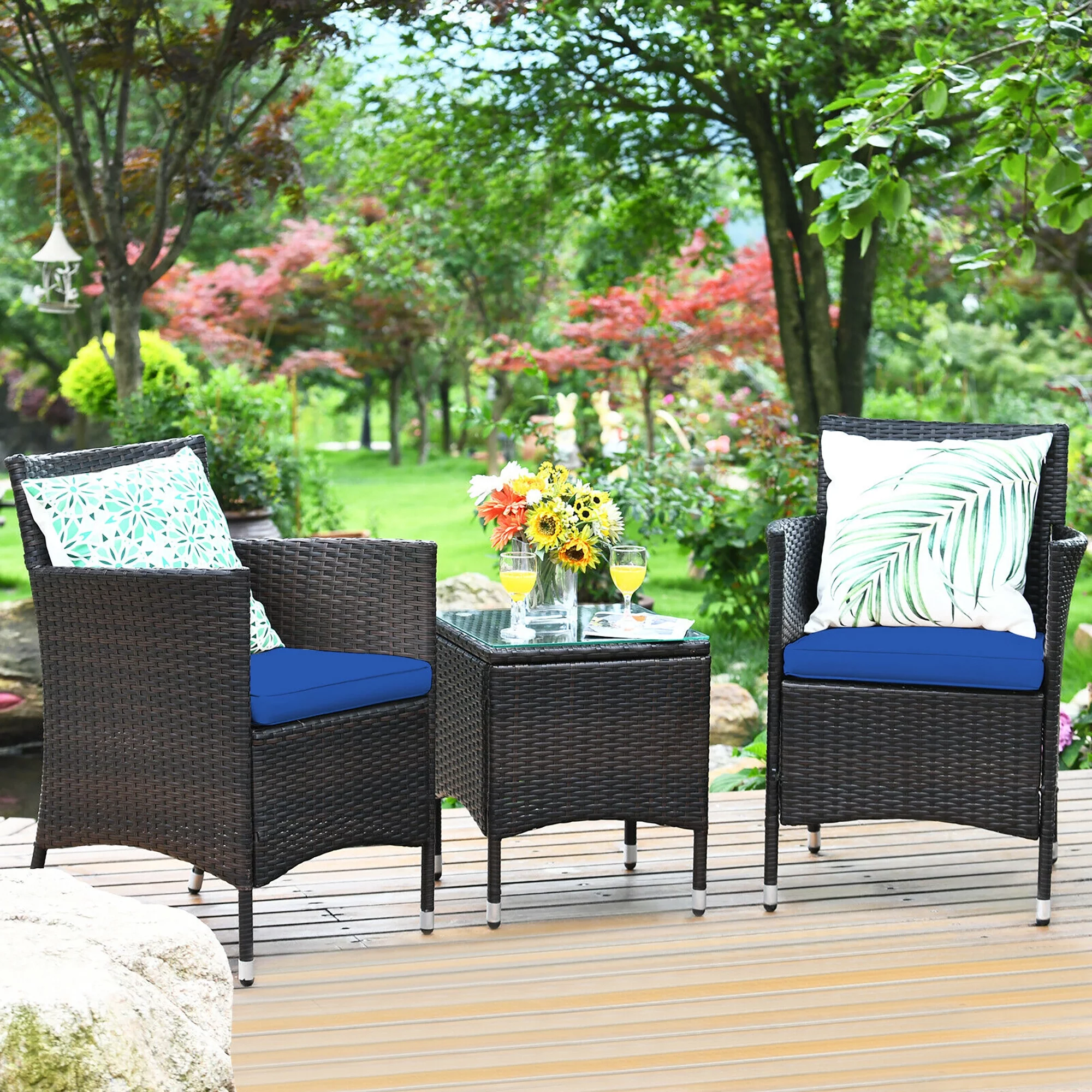 Costway Outdoor 3 PCS Rattan Wicker Furniture Sets Chairs Coffee Table Garden Navy - Cheap Fitting