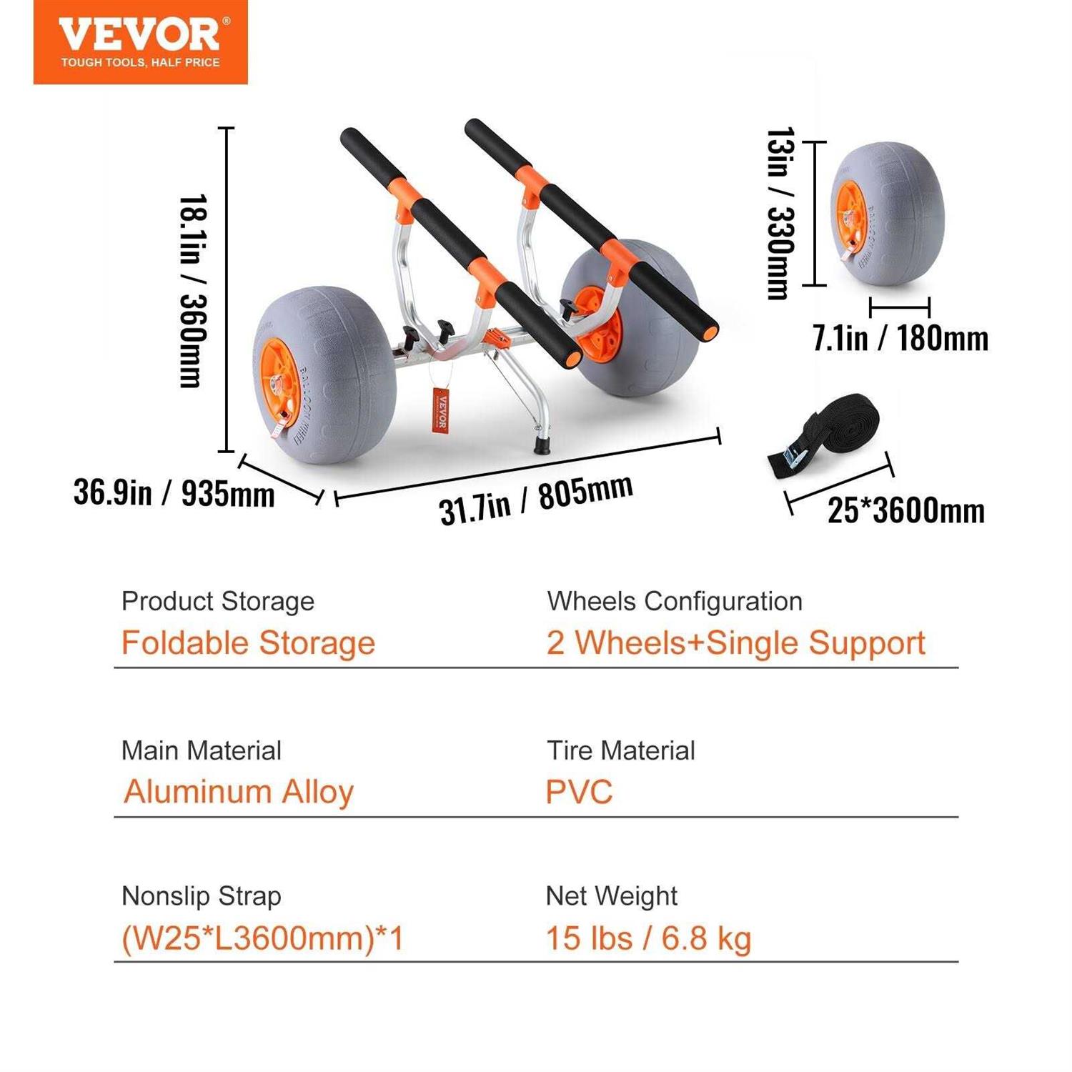 VEVOR Heavy Duty Kayak Cart Detachable Canoe Trolley Cart with 12” Tires - Cheap Fitting