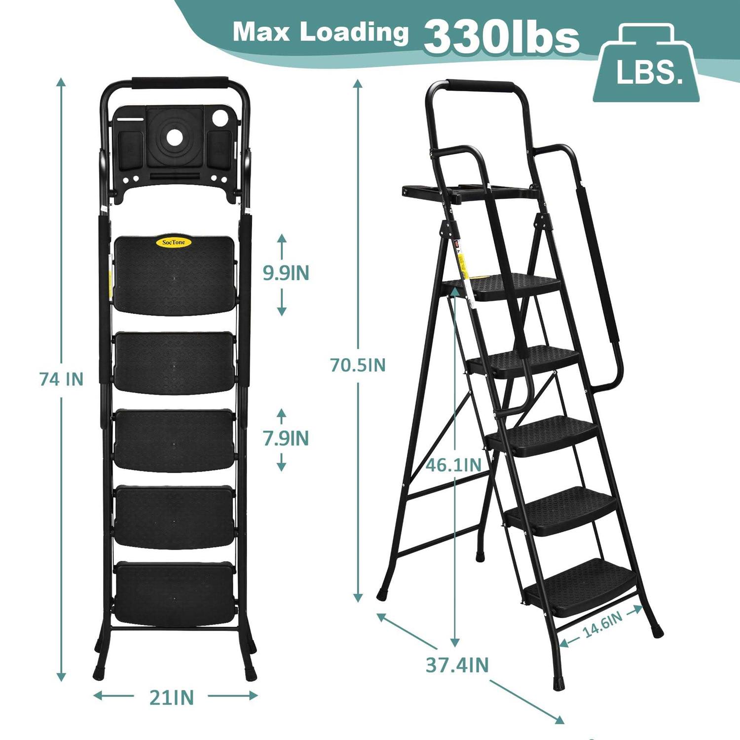 Hbtower Folding 5-Step Ladder, 330lbs, with Handrails and Tool Tray and Anti-Slip Pedal - Cheap Fitting