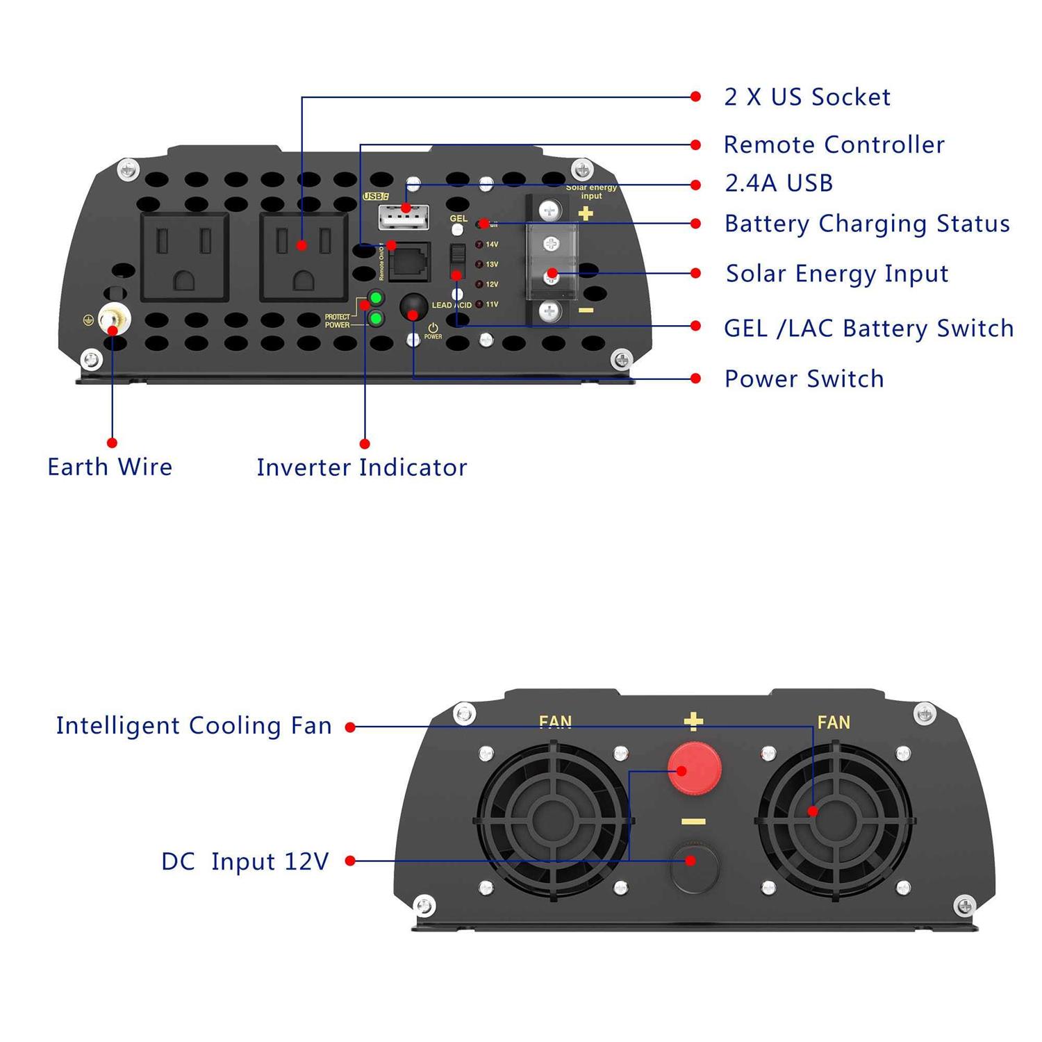 Rv Truck Solar System with 1200Watt Power Inverter 12V Dc to 110V 120V AC - Cheap Fitting