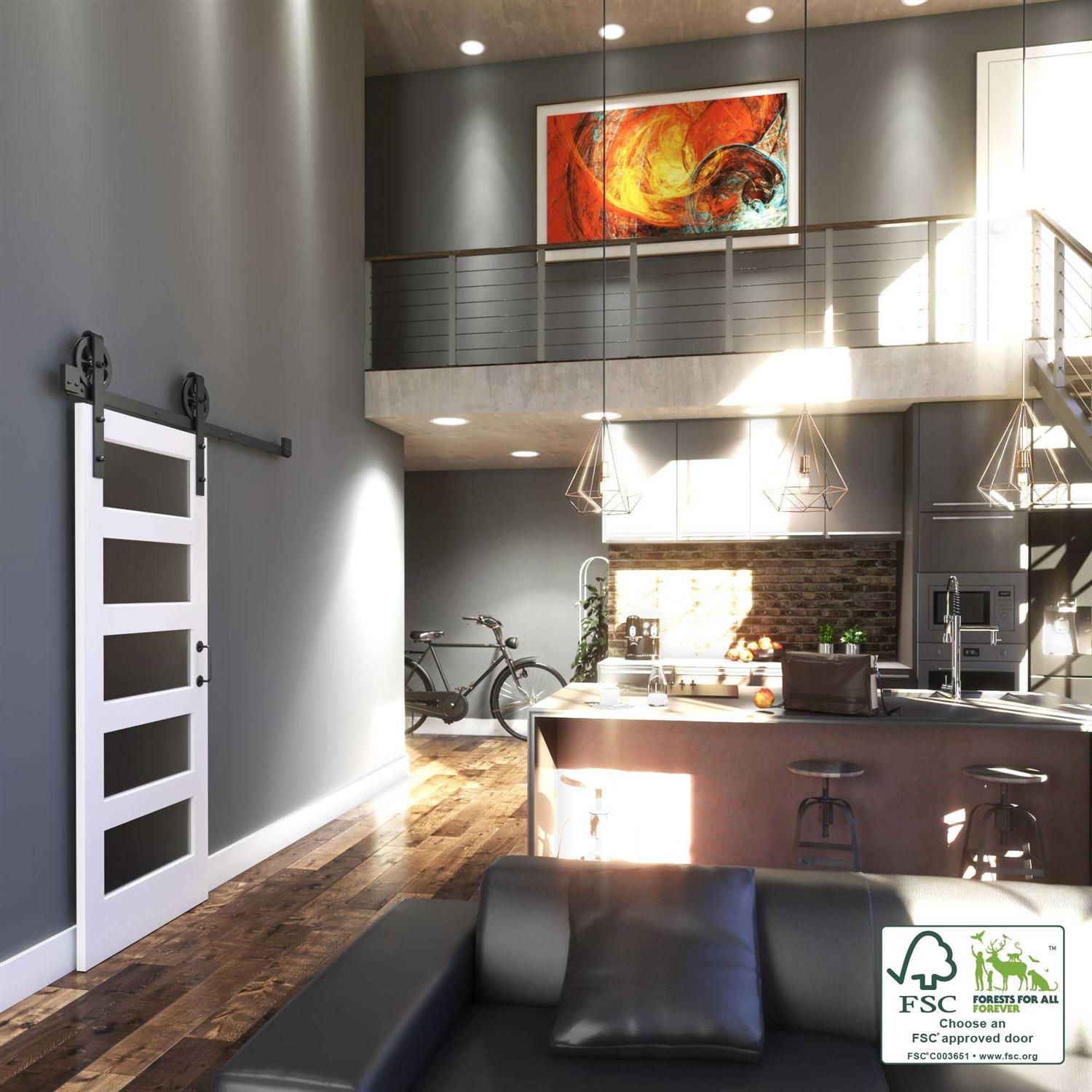 EightDoors White Finished Frosted Glass Pine Wood Single Barn Door - Cheap Fitting