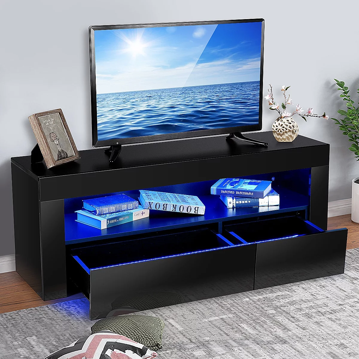 Hommpa TV Stand High Gloss TV Cabinet with LEDs for TVs up to 55 inch 2 Drawers Modern Media Console Entertainment Center Black Finish - Cheap Fitting