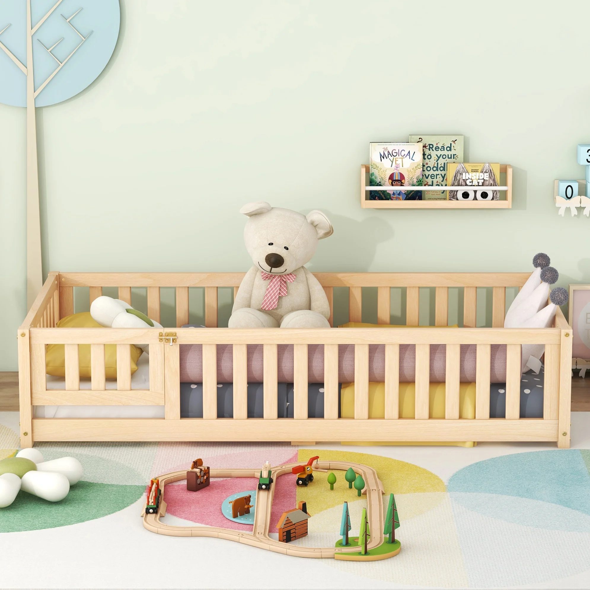 Twin Size Montessori Floor Bed with Safety Guardrails and Door, Playhouse Bed for Kids Boys Girls, Wood Montessori Bed Frame for Bedrooms, Pink - Cheap Fitting