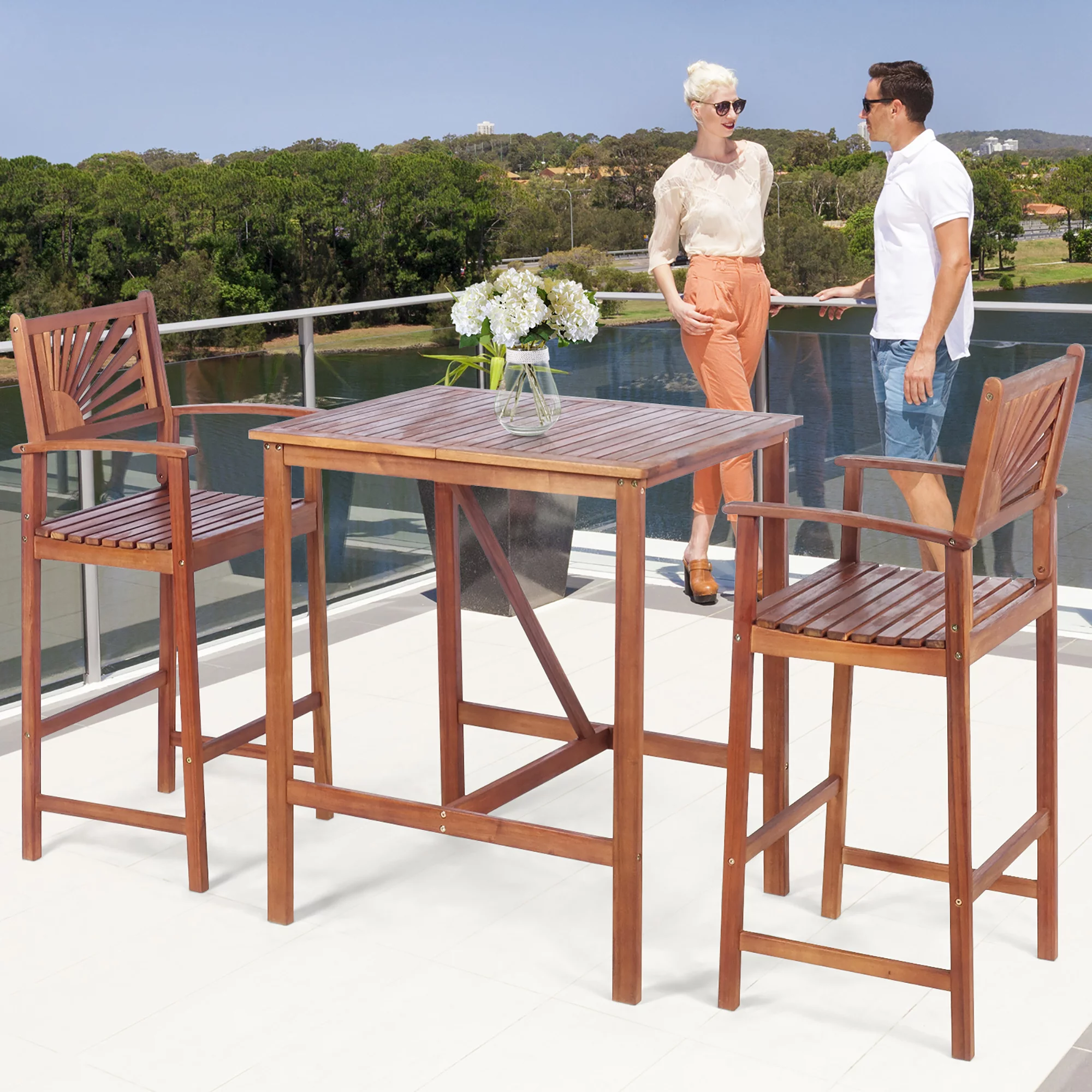 Costway 3PCS Bar Set Acacia Wood Bar Height Patio Bistro Dining Set Outdoor - Cheap Fitting
