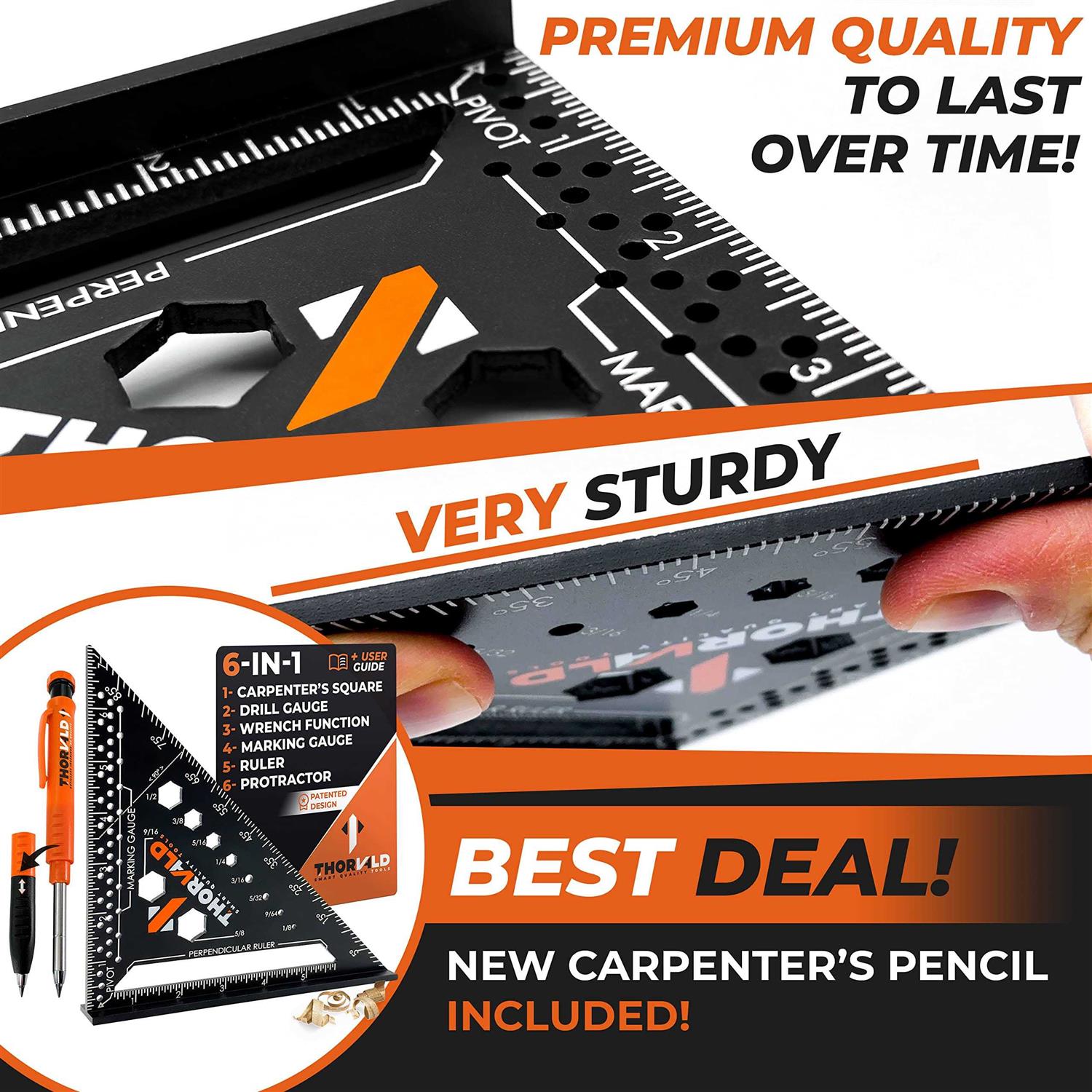 THORVALD 6-in-1 Carpenter Square 180mm T Square Multi-Purpose Carpenter Tools with Wrench - Cheap Fitting