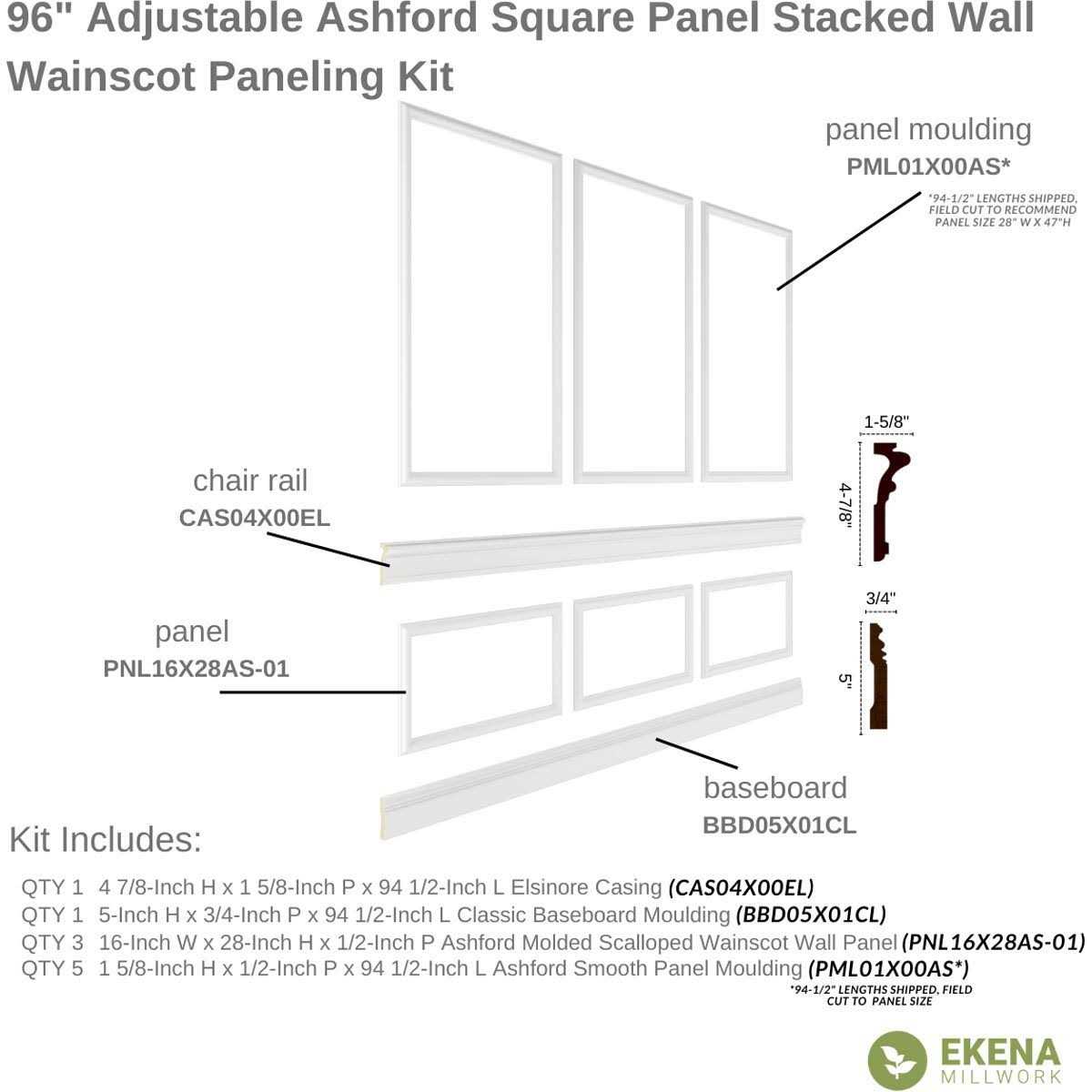 94 1/2L Ashford Square Panel Stacked Wall Wainscot Paneling Kit Ekena Millwork - Cheap Fitting