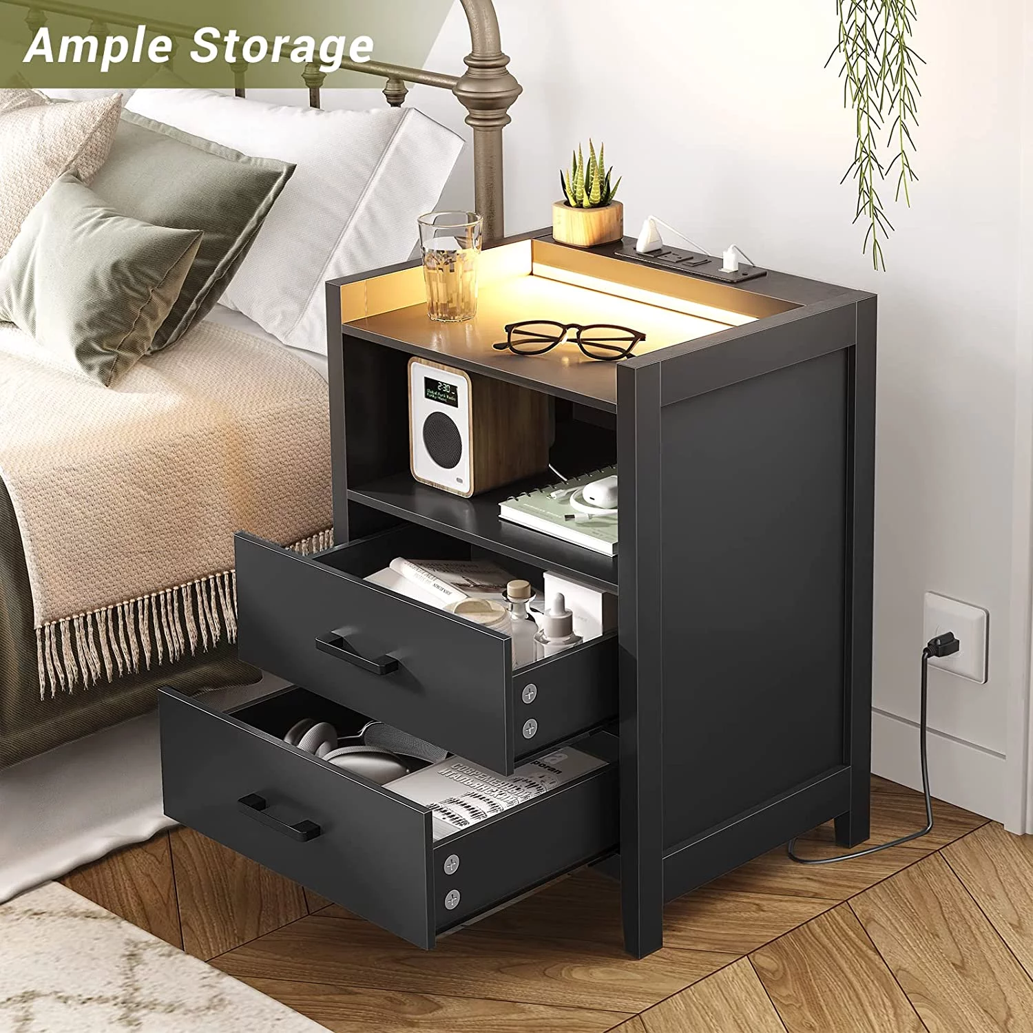 Nightstand with 2 Drawers & LED Lights & Charging Station, Modern Black End Side Table for Bedroom Living Room - Cheap Fitting