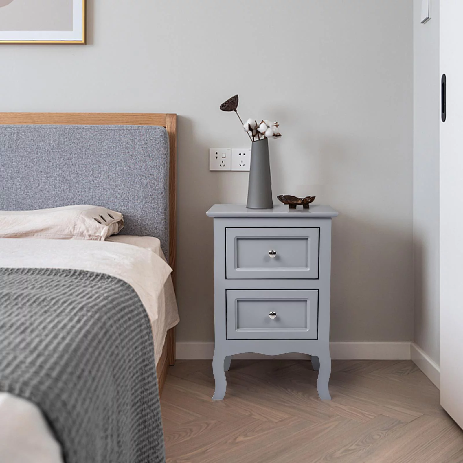 Ktaxon Nightstand, Bedside Table with 2 Storage Drawers, End Side for Bedroom, Country Style Set of 2,Gray - Cheap Fitting