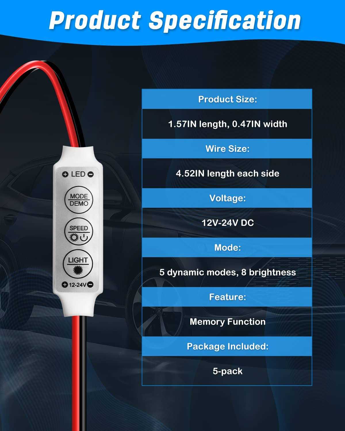 Qoope Pack of 5 LED Strip Light Controller 12V-24V Single Color Brightness Dimmer with Memory Function - Cheap Fitting