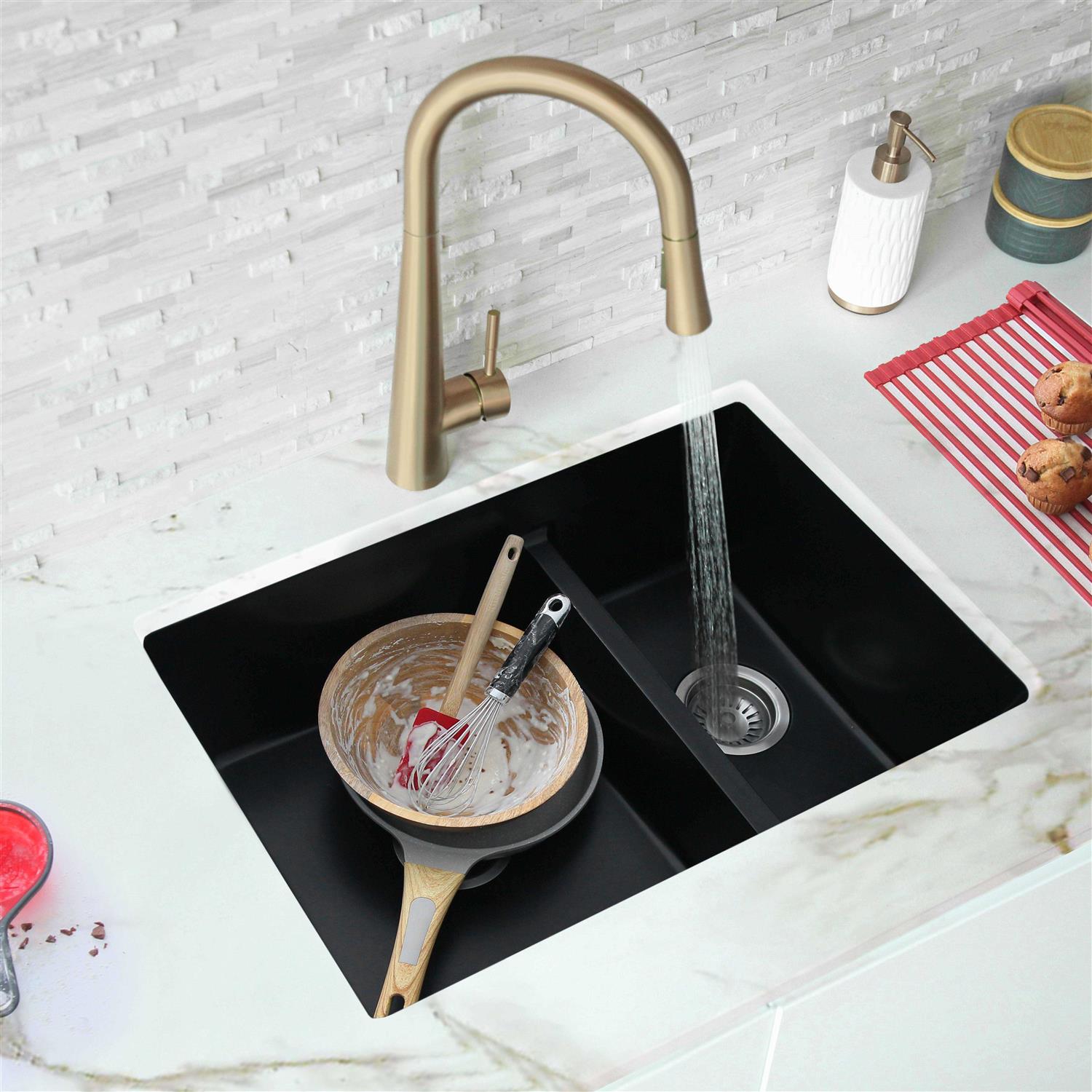 Stylish 27 inch Dual Mount 60/40 Double Bowl Composite Granite Kitchen Sink with Strainer - Cheap Fitting
