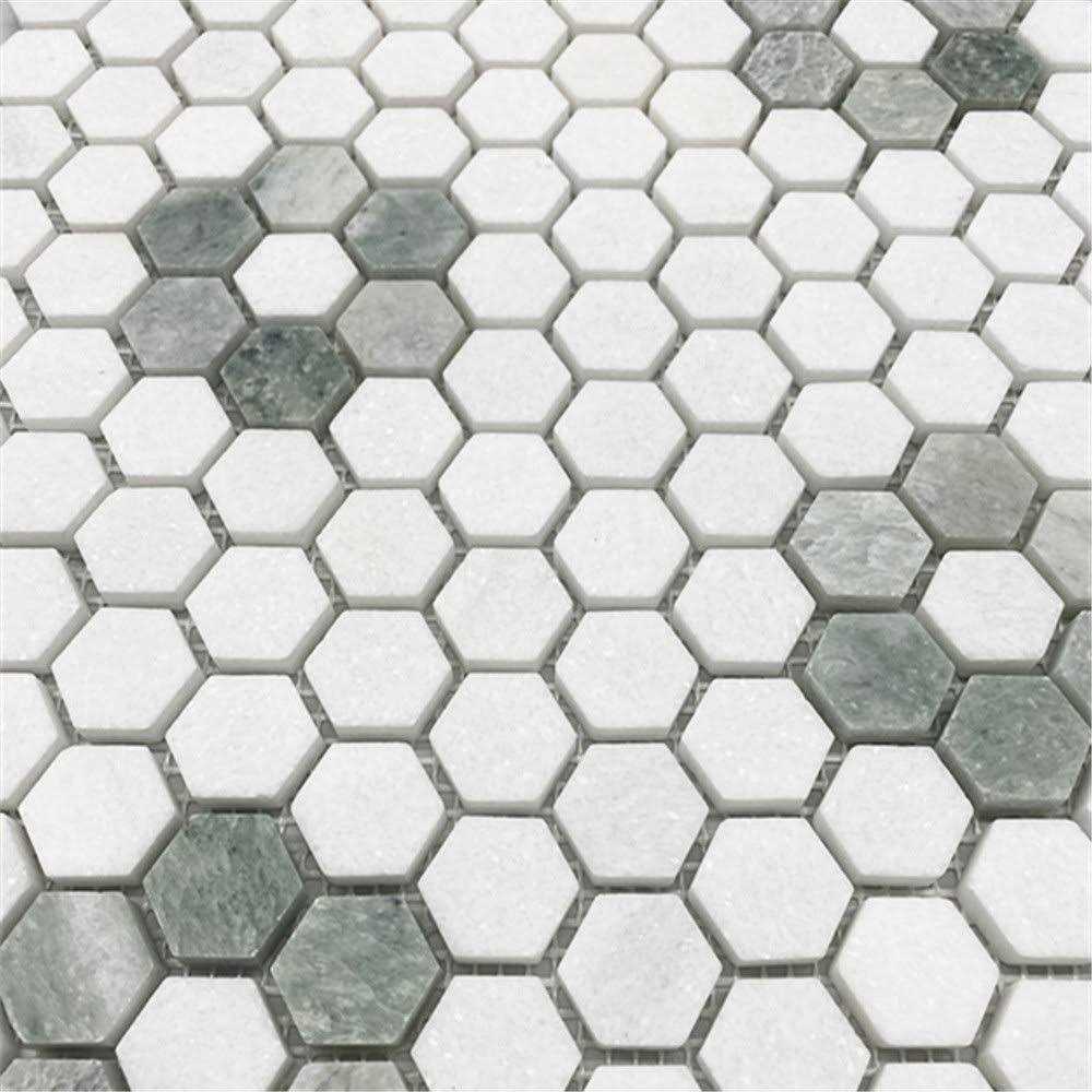 Marble Online Ming Green Thassos White Rosette Marble Hexagon Mosaic Tile - Cheap Fitting
