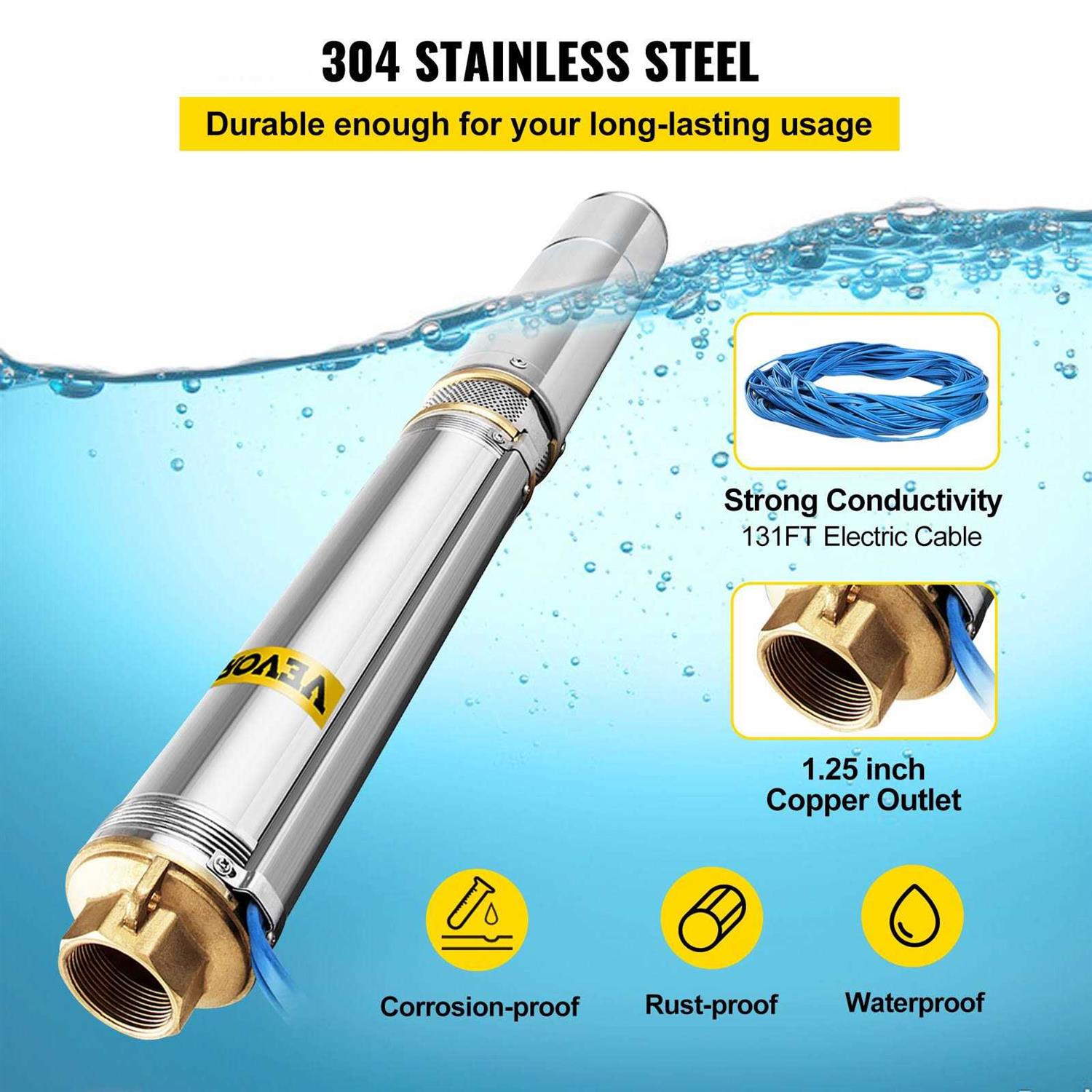 VEVOR Deep Well Submersible Pump 1.5 hp 220V 50 Hz Stainless Steel w/5 Ft Cable Wire SJBX1.5HP4SDMT70CV4 - Cheap Fitting