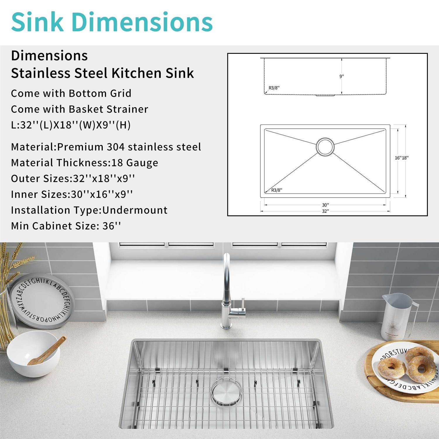 No Brand 32x 18 Undermount Single Bowl Kitchen Sink 18 Gauge Stainless Steel - Cheap Fitting