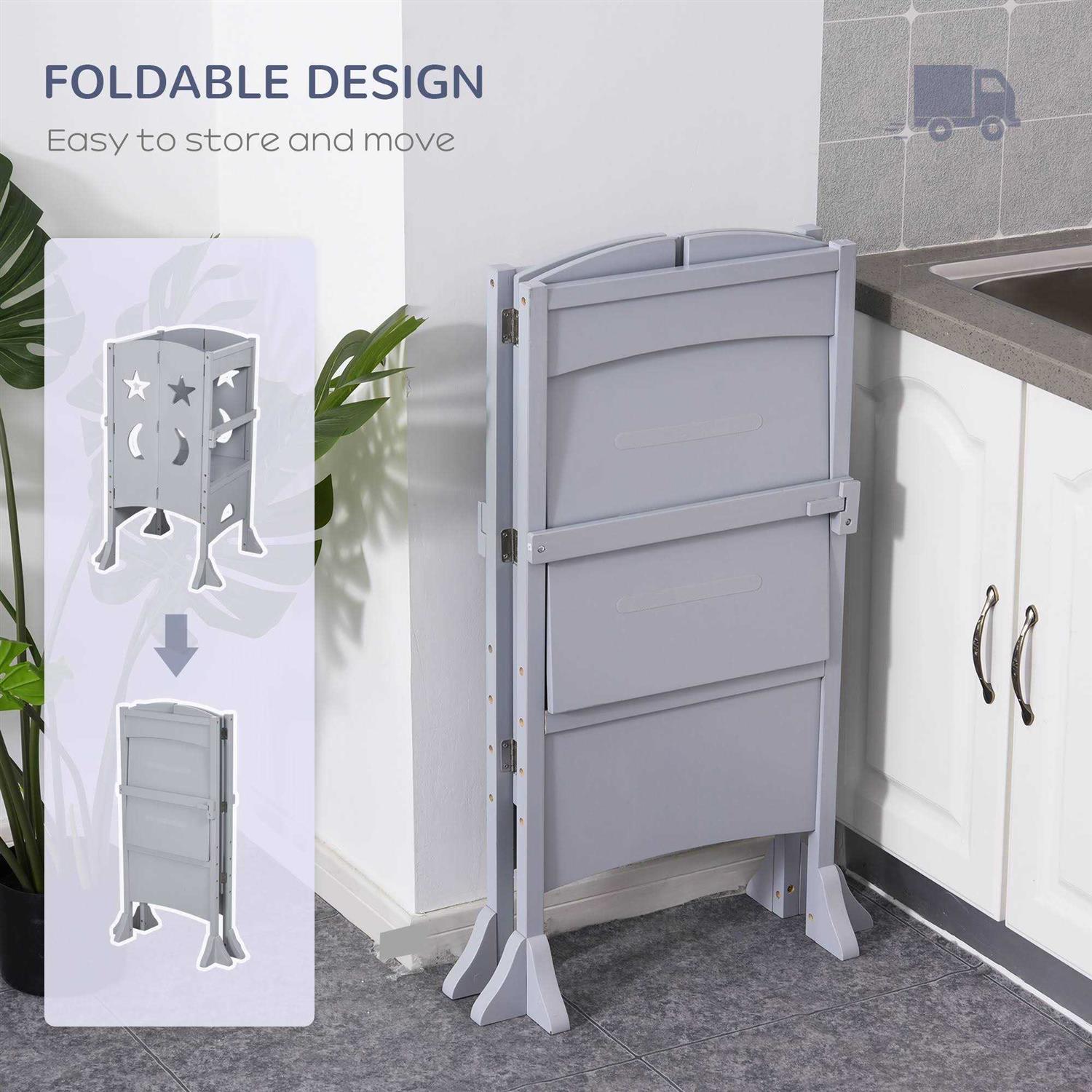 Qaba Kitchen Step Stool For Kids Wooden Foldable Helper Bathroom Stool For Toddlers With Support Handles Safety Rail - Cheap Fitting