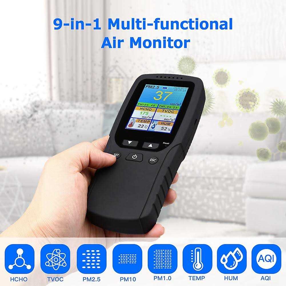 NOBRAND 9 in 1 Air Quality Monitor Indoor Outdoor PM2.5, PM1.0, PM10, HCHO, Detector Tester Temperature and Humidity Sensor, Black - Cheap Fitting
