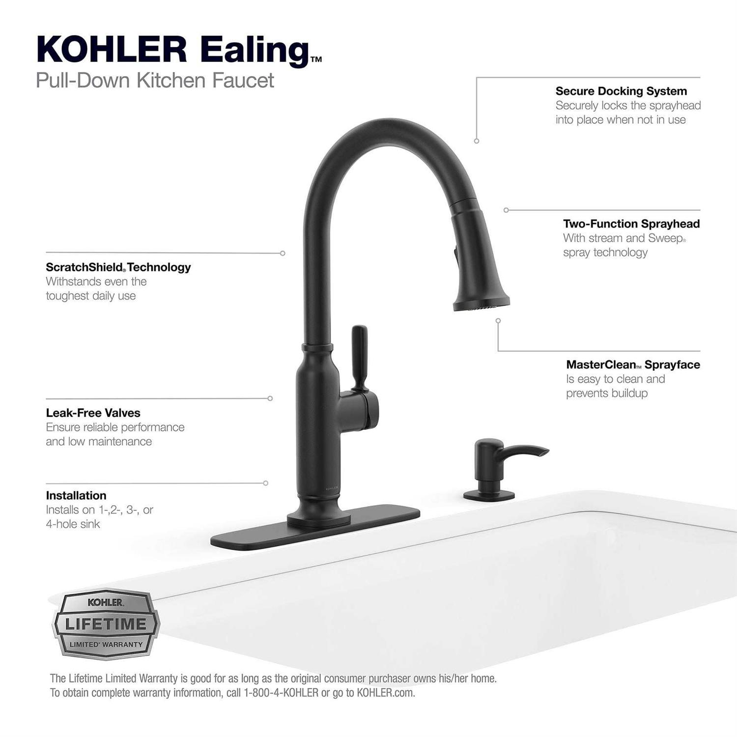 Kohler Ealing K-r28703-sd-bl Single Handle Pull-Down Kitchen Faucet with Soap/Lotion Dispenser and Deck Plate - Cheap Fitting