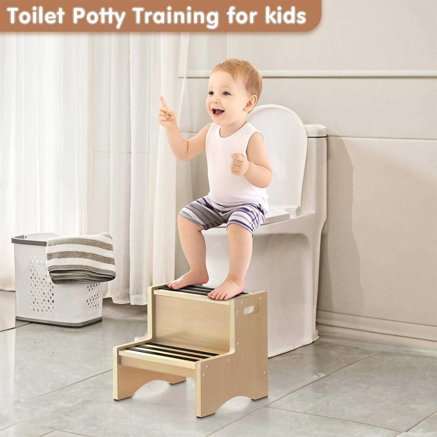 Naitesen Natural Wooden Step Stool for Kids Toddler Non-Slip Sturdy Two Step Stools with Handles Non-Slip Pads for Child Kids Toddler Kitchen - Cheap Fitting