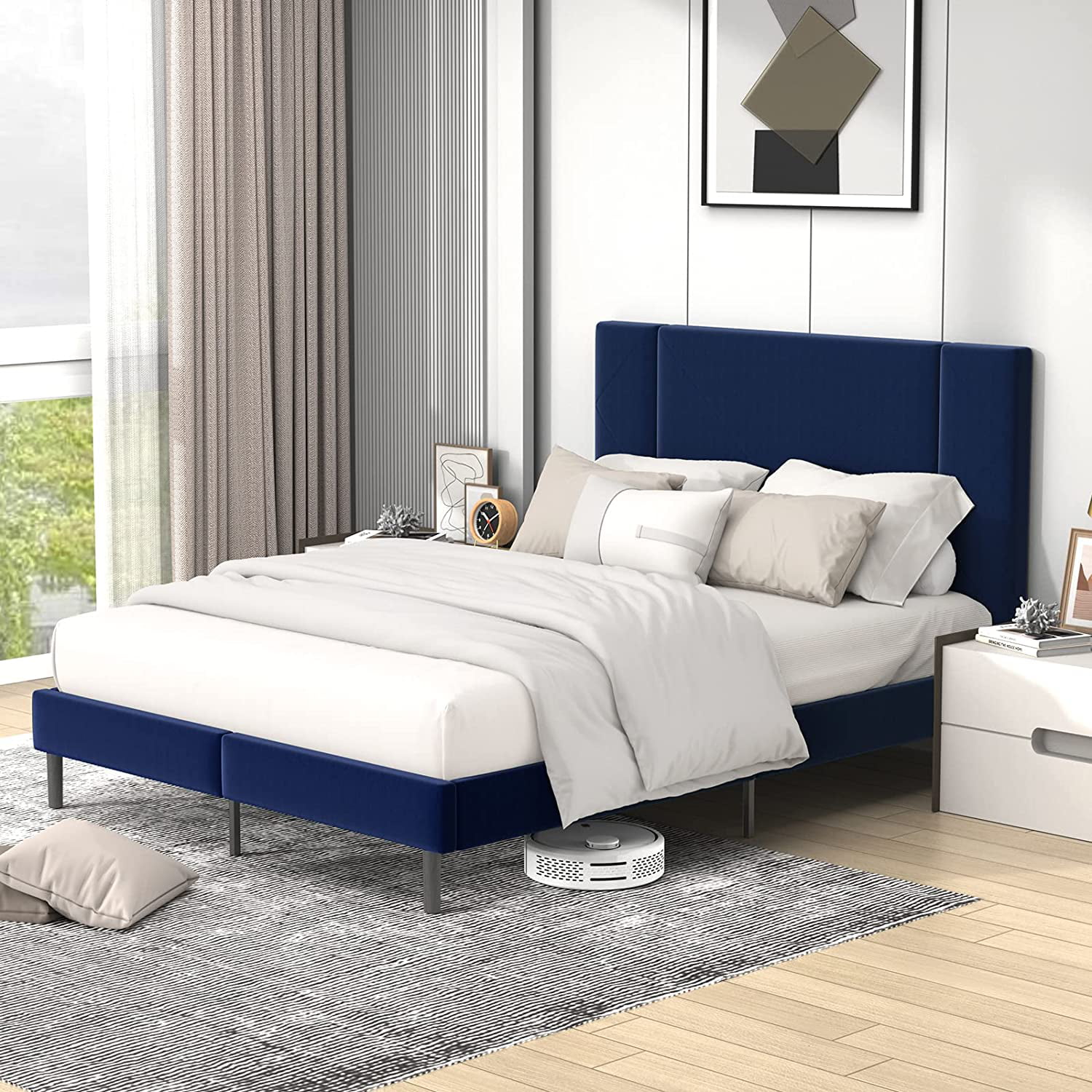 Flolinda Queen Bed Frame, Velvet Upholstered Bed Frame with Whole Headboard, Blue - Cheap Fitting