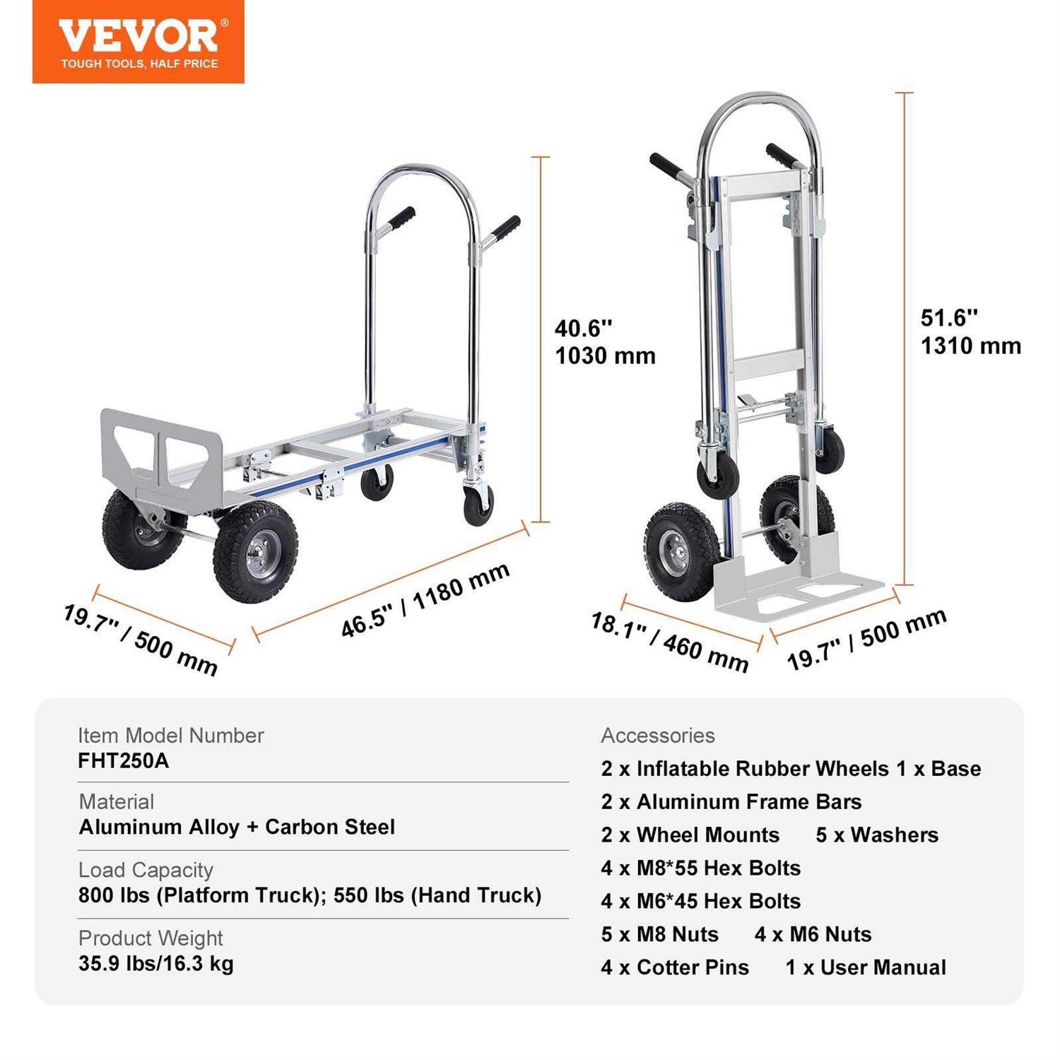 VEVOR 2 in 1 800 lbs. Aluminum Hand Truck Heavy-Duty Industrial Convertible Folding Hand Truck and Dolly Load Capacity - Cheap Fitting