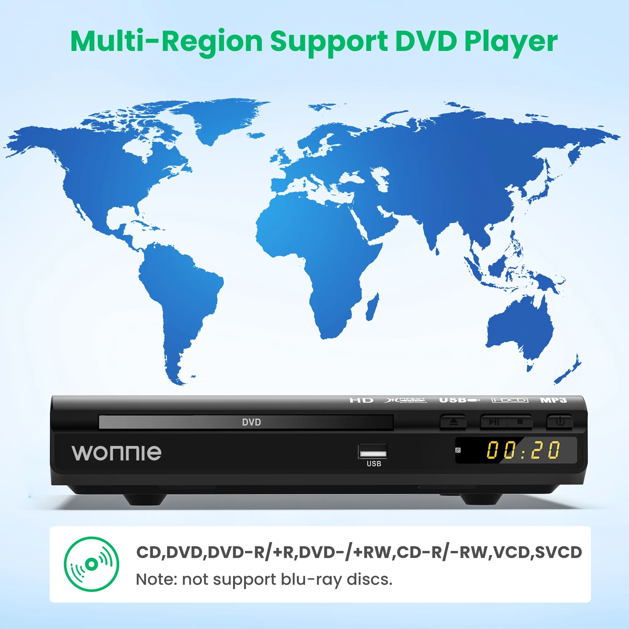HD DVD Player, CD Players for Home, WONNIE DVD Players for TV with HD/AV/Coaxial Output &USB Input, Built in PAL/NTSC System,Breakpoint Memory, HDMI and RCA Output Cable Included - Cheap Fitting